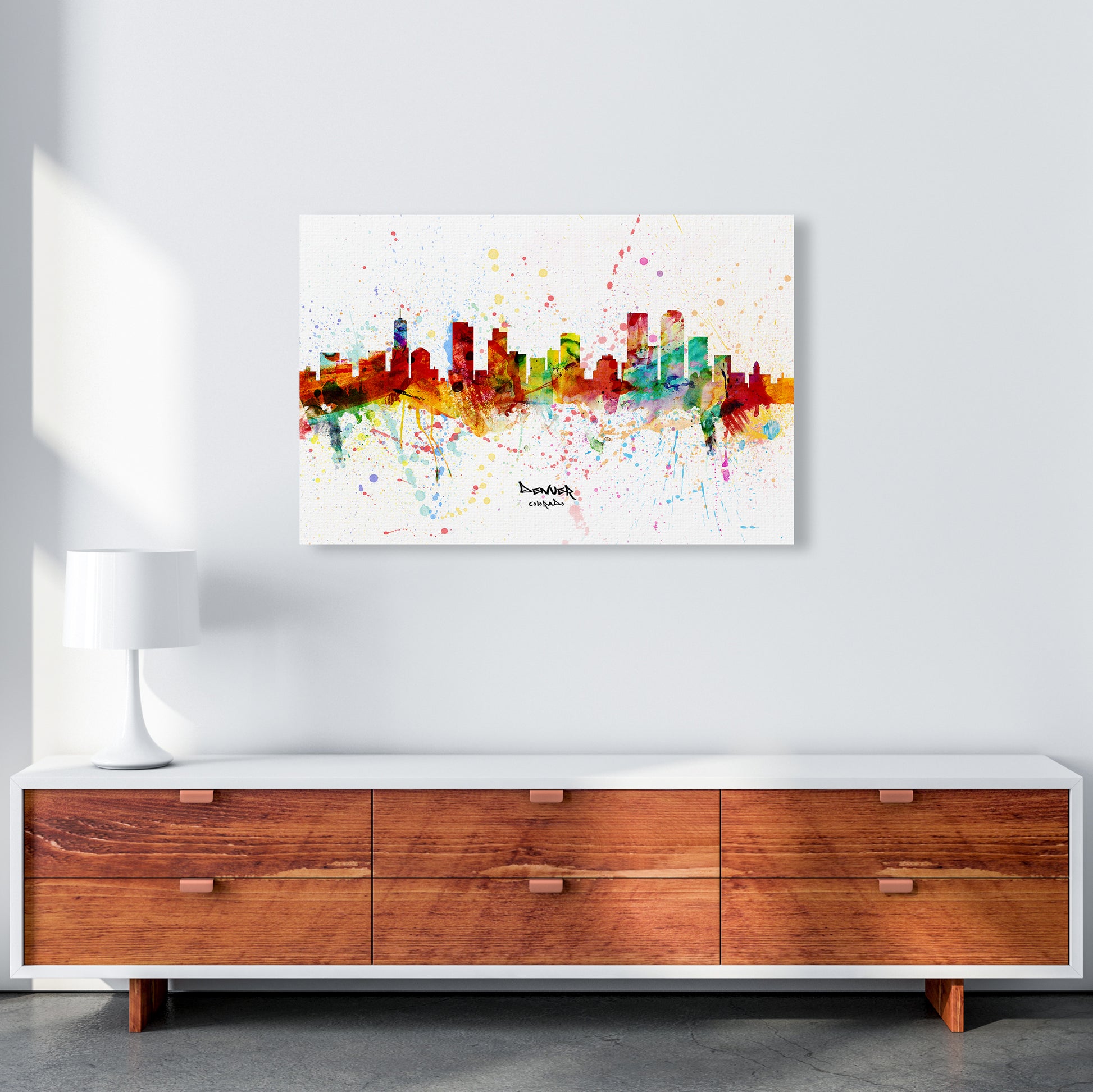 Denver Colorado Skyline Splash Art Print by Michael Tompsett A1 Canvas