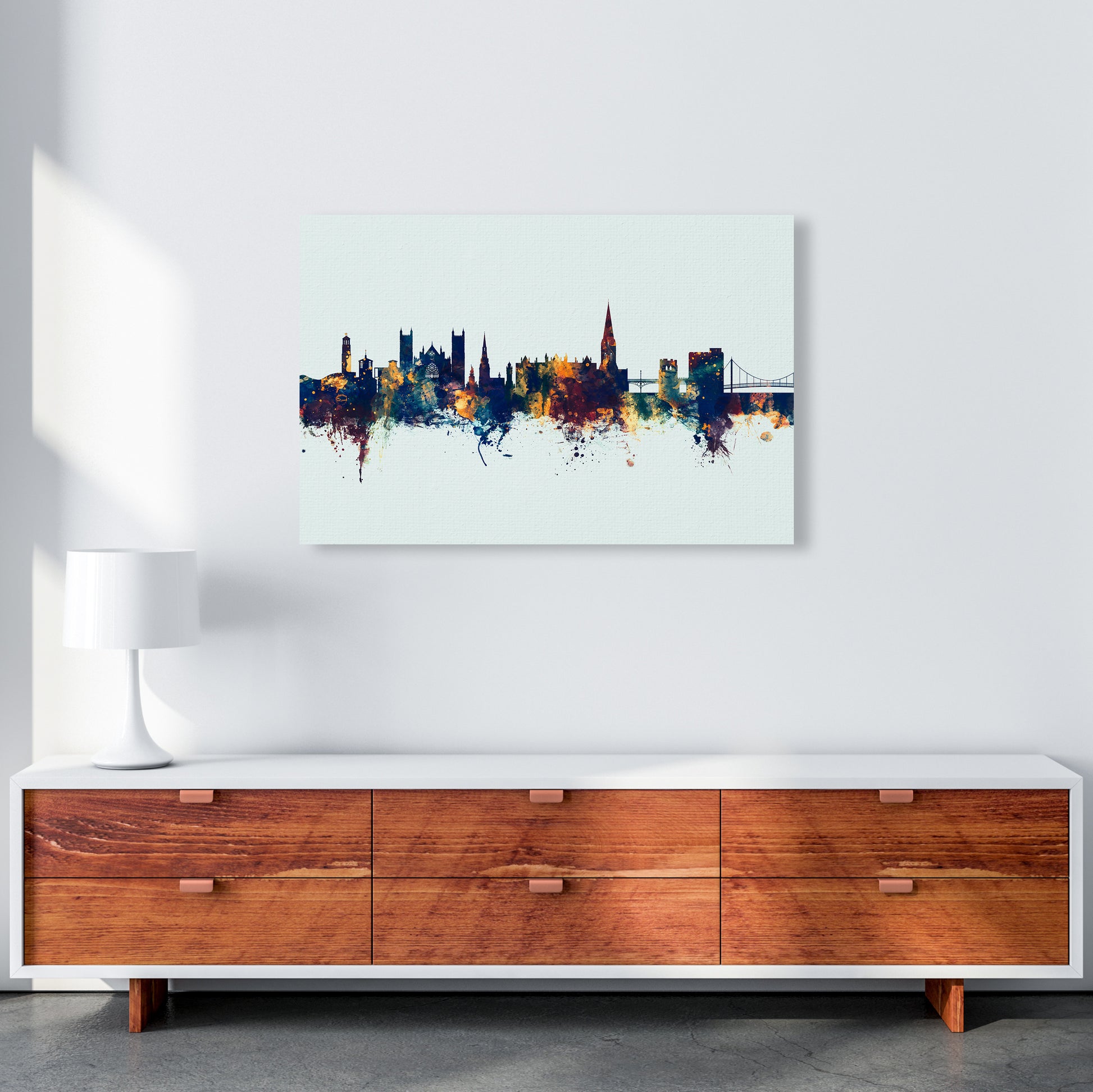 Exeter England Skyline Blue Orange Art Print by Michael Tompsett A1 Canvas