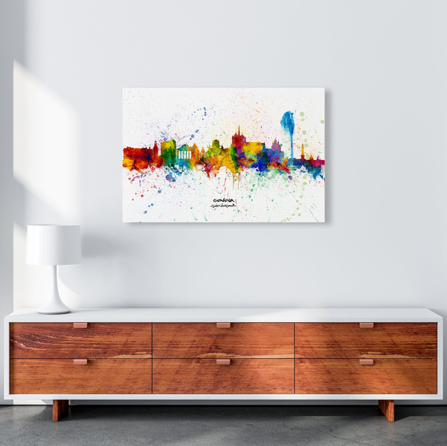 Geneva Switzerland Skyline Splash Art Print by Michael Tompsett A1 Canvas