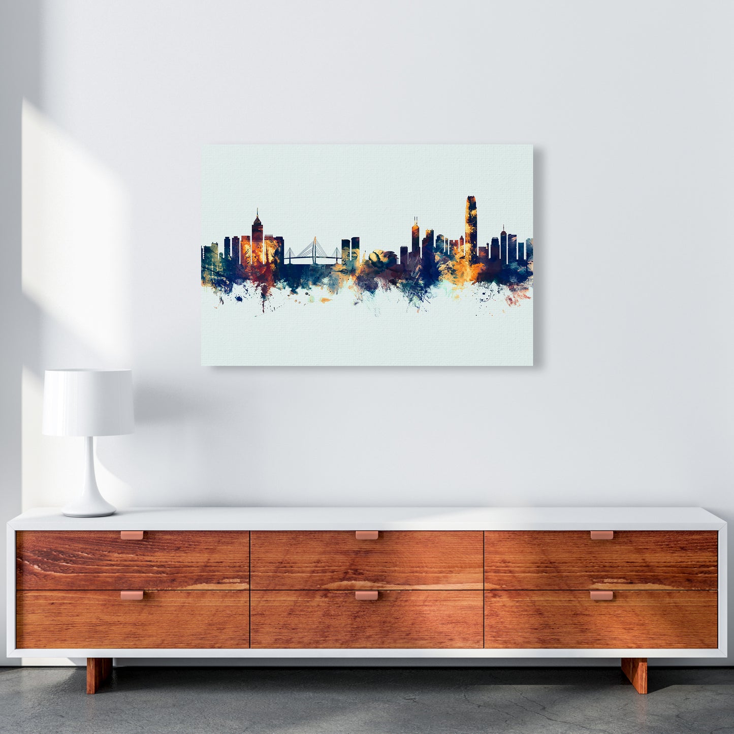 Hong Kong China Skyline Blue Orange Art Print by Michael Tompsett A1 Canvas