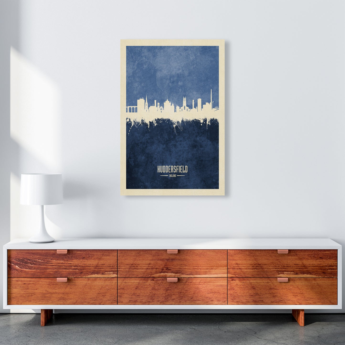 Huddersfield England Skyline Portrait Navy Art Print by Michael Tompsett A1 Canvas