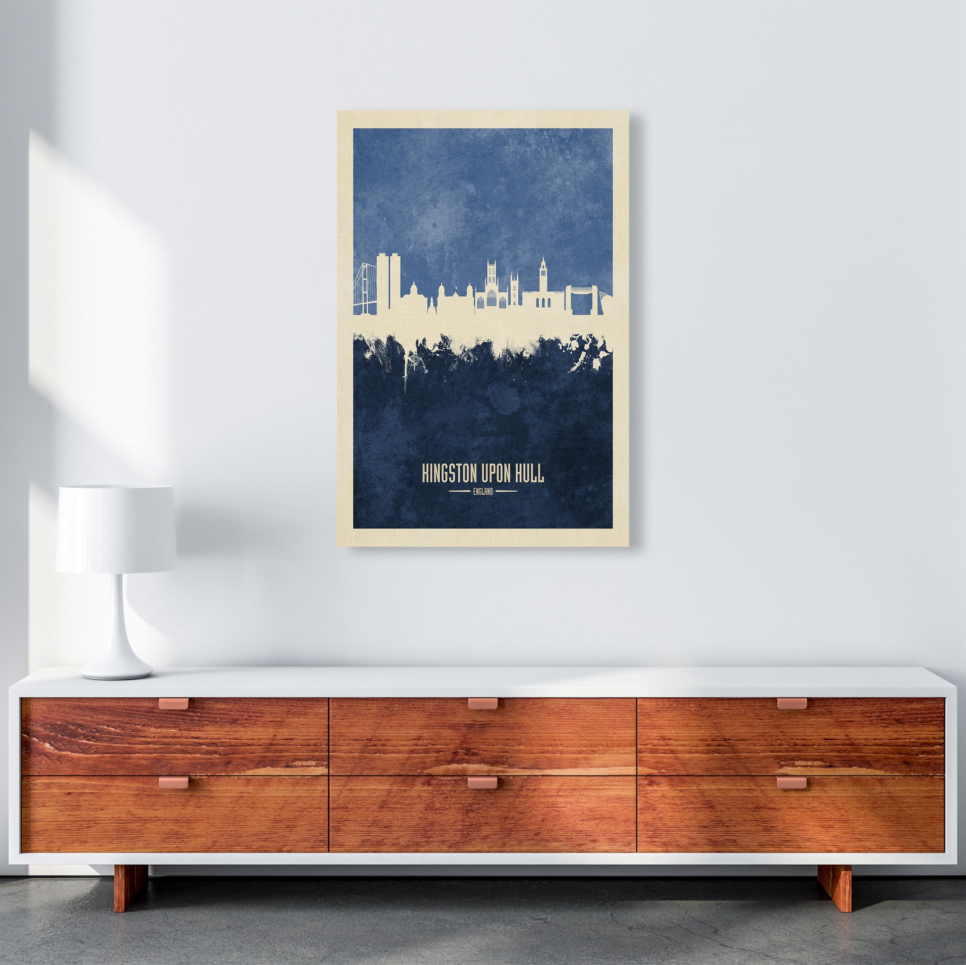 Kingston Upon Hull England Skyline Portrait Navy Art Print by Michael Tompsett A1 Canvas