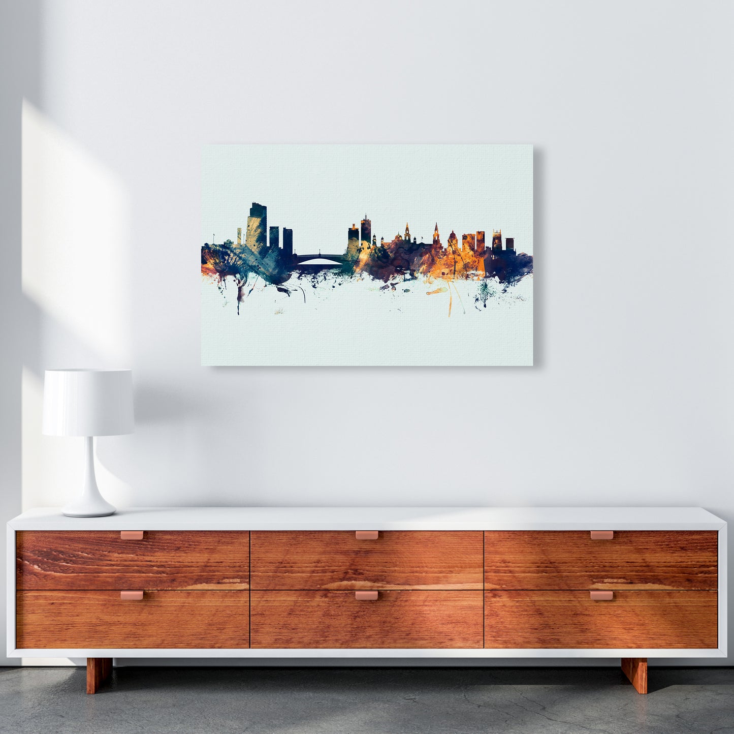 Leeds England Skyline Blue Orange Art Print by Michael Tompsett A1 Canvas