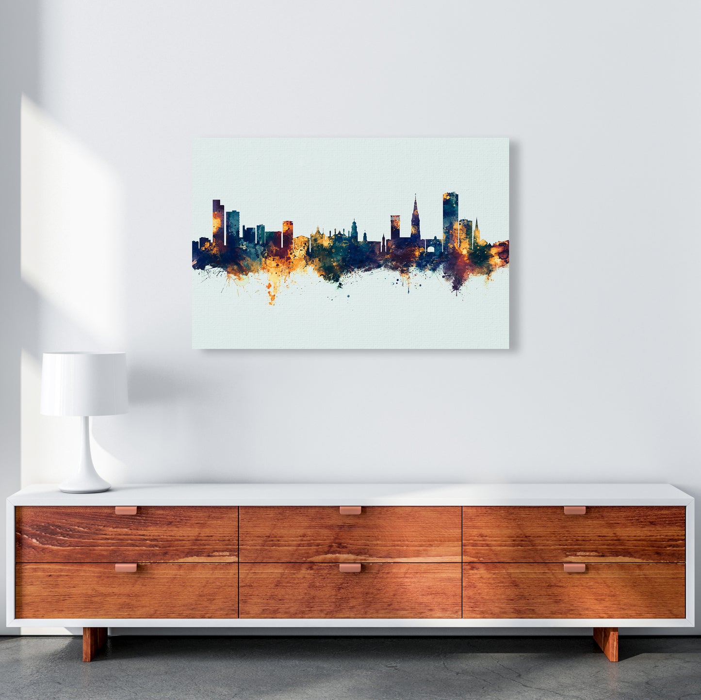 Leicester England Skyline Blue Orange Art Print by Michael Tompsett A1 Canvas