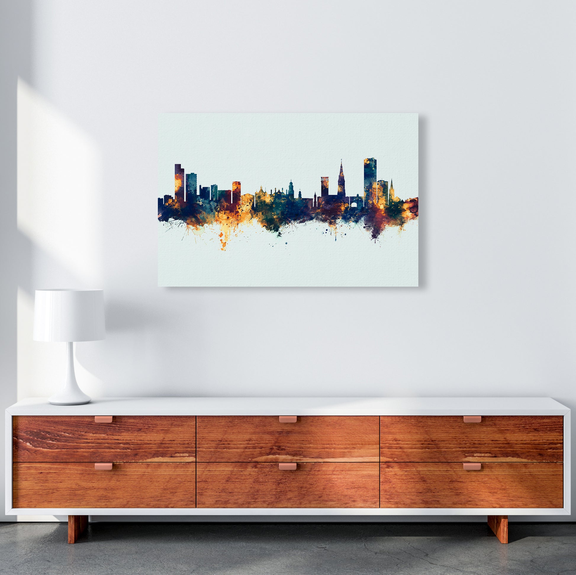 Leicester England Skyline Blue Orange Art Print by Michael Tompsett A1 Canvas