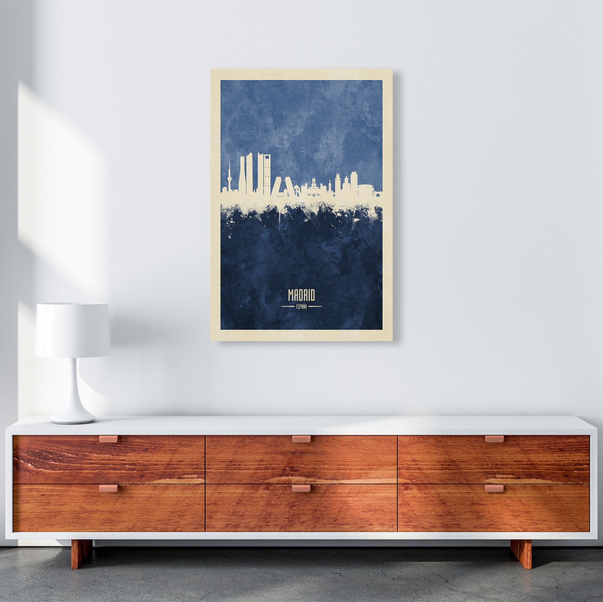 Madrid Spain Skyline Portrait Navy Art Print by Michael Tompsett A1 Canvas