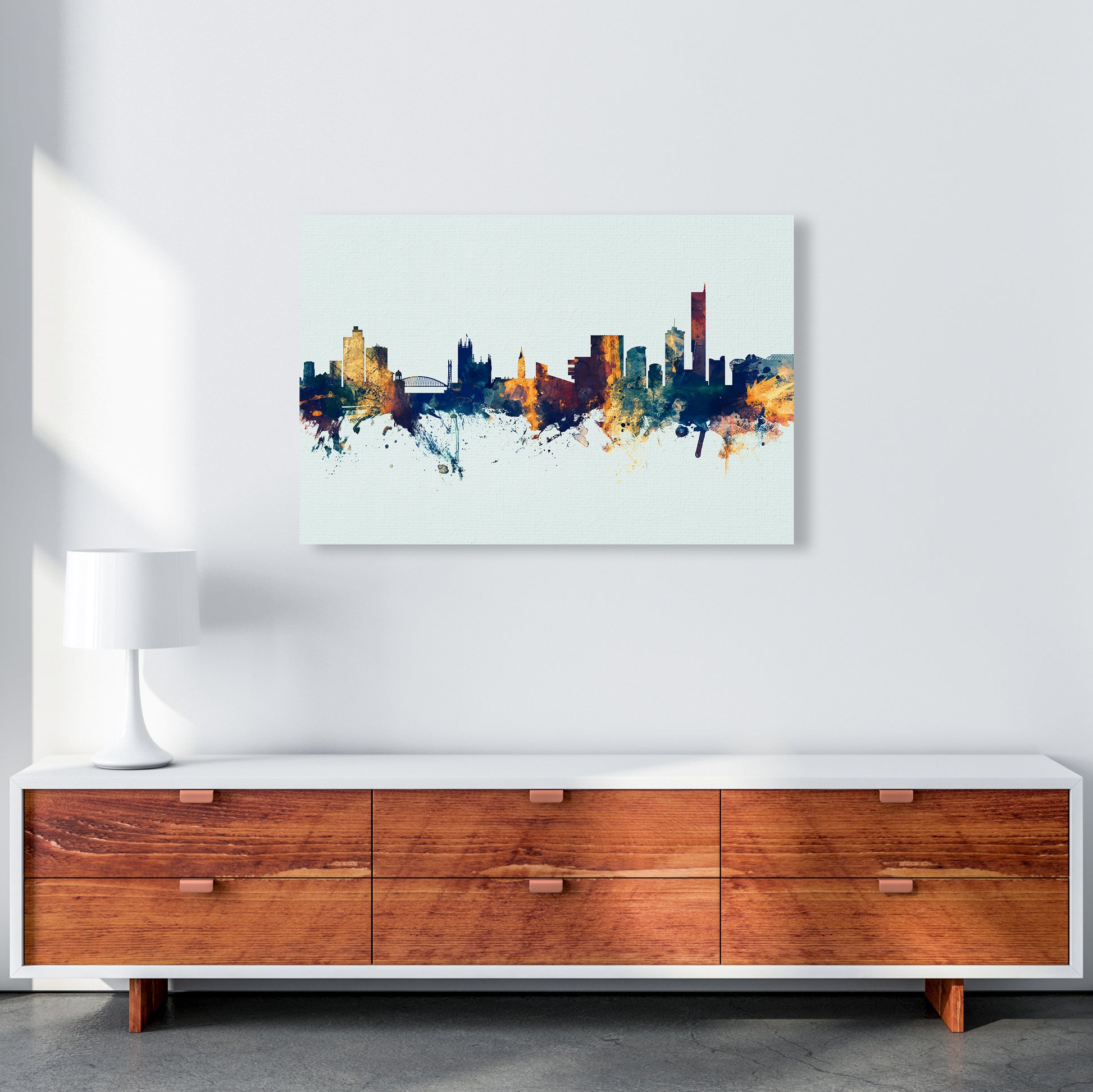 Manchester England Skyline Blue Orange Art Print by Michael Tompsett A1 Canvas
