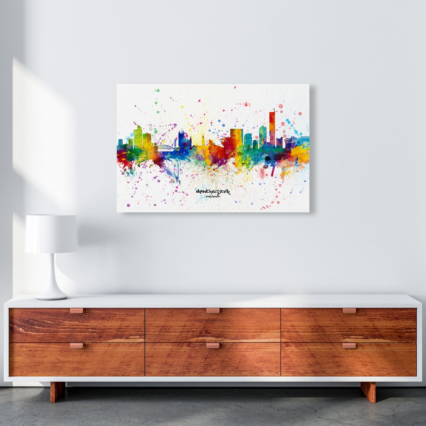 Manchester England Skyline Splash Art Print by Michael Tompsett A1 Canvas