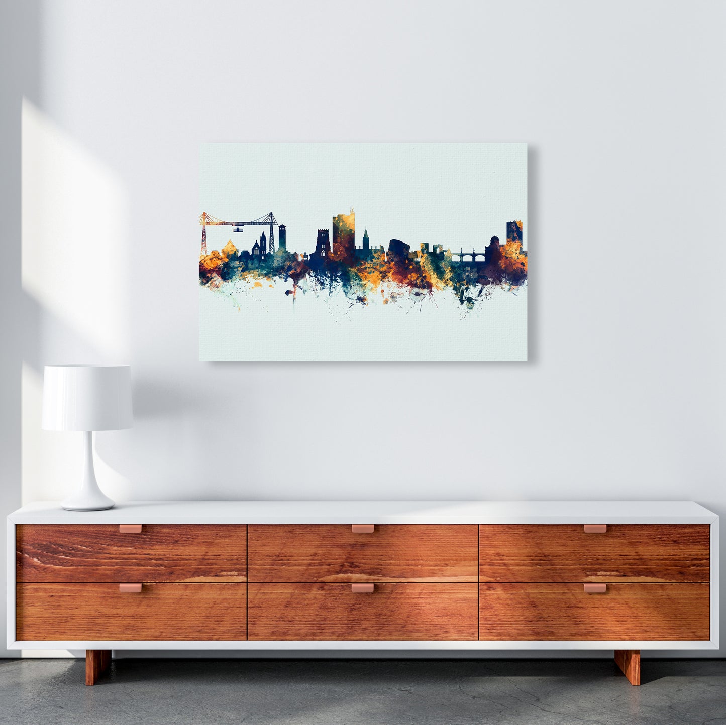 Newport Wales Skyline Blue Orange Art Print by Michael Tompsett A1 Canvas