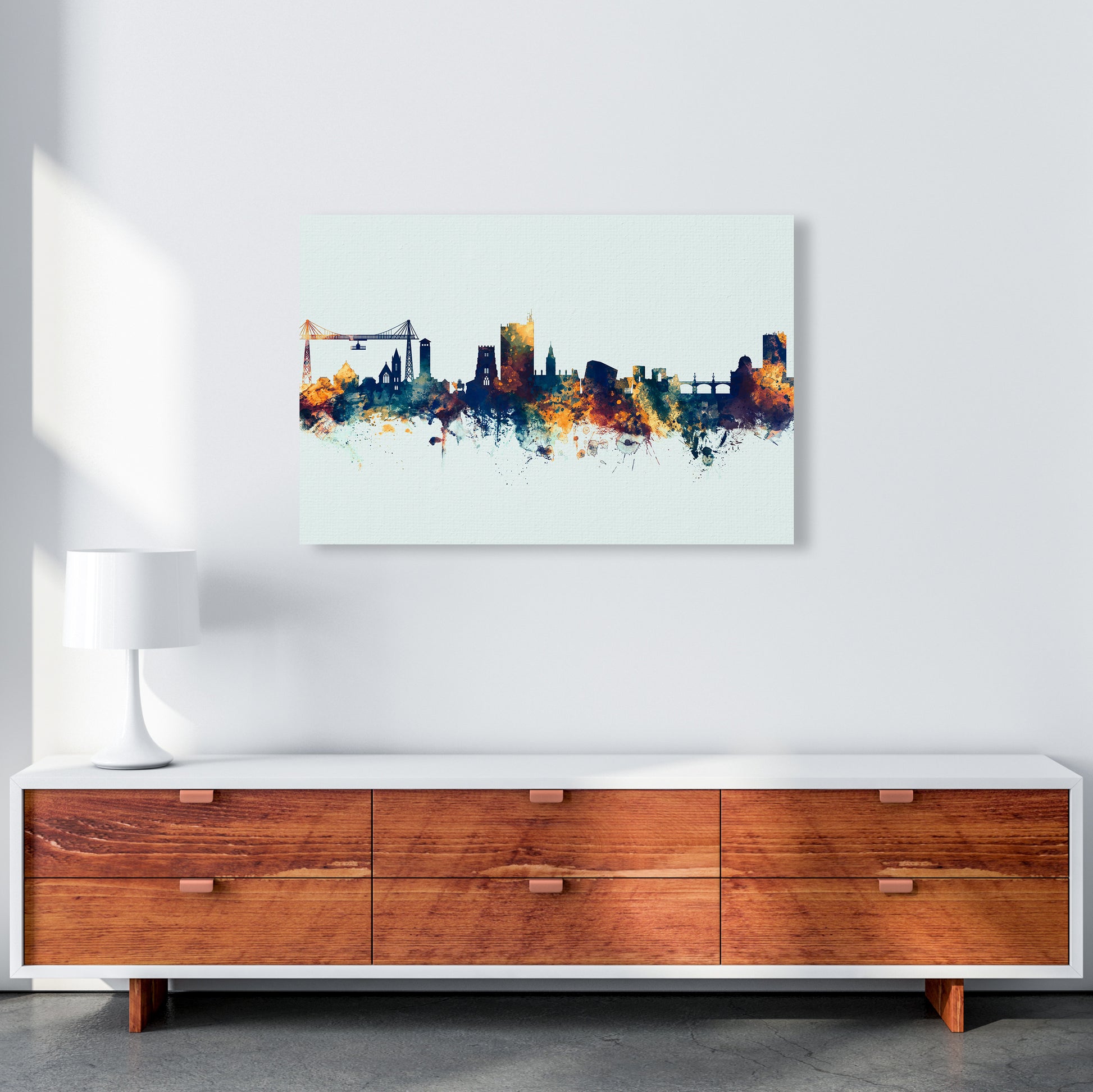 Newport Wales Skyline Blue Orange Art Print by Michael Tompsett A1 Canvas