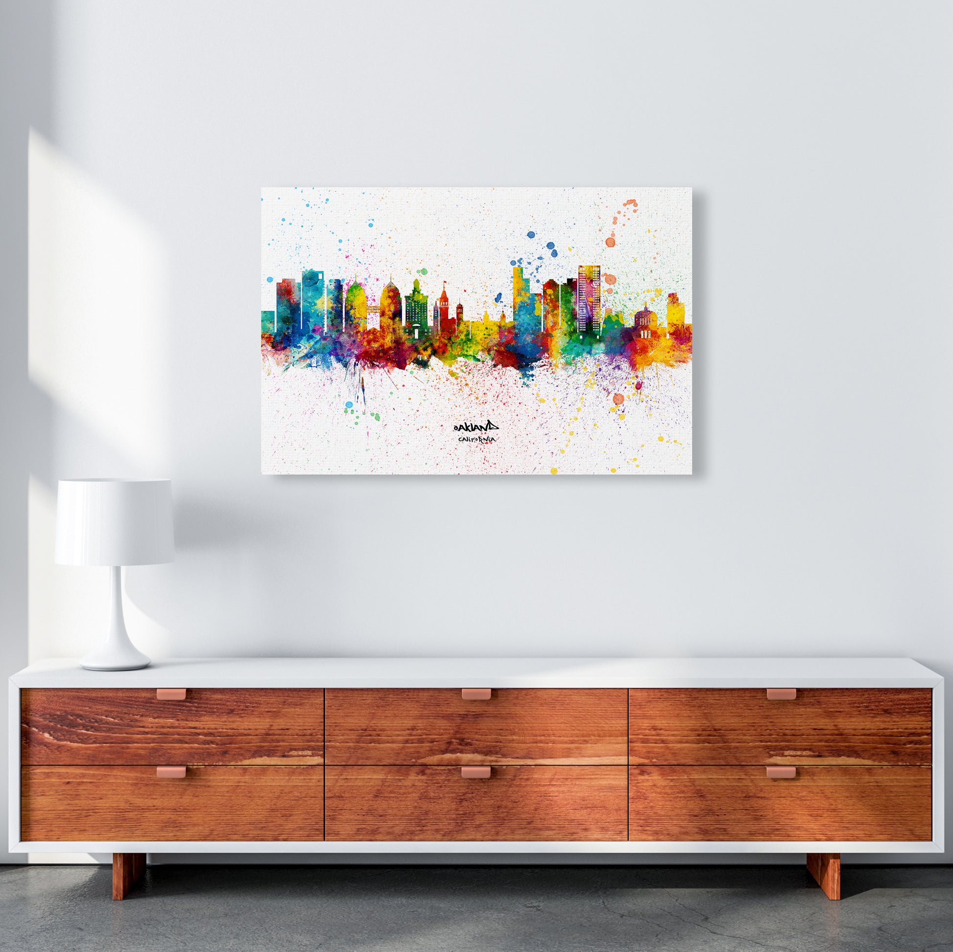 Oakland California Skyline Splash Art Print by Michael Tompsett A1 Canvas