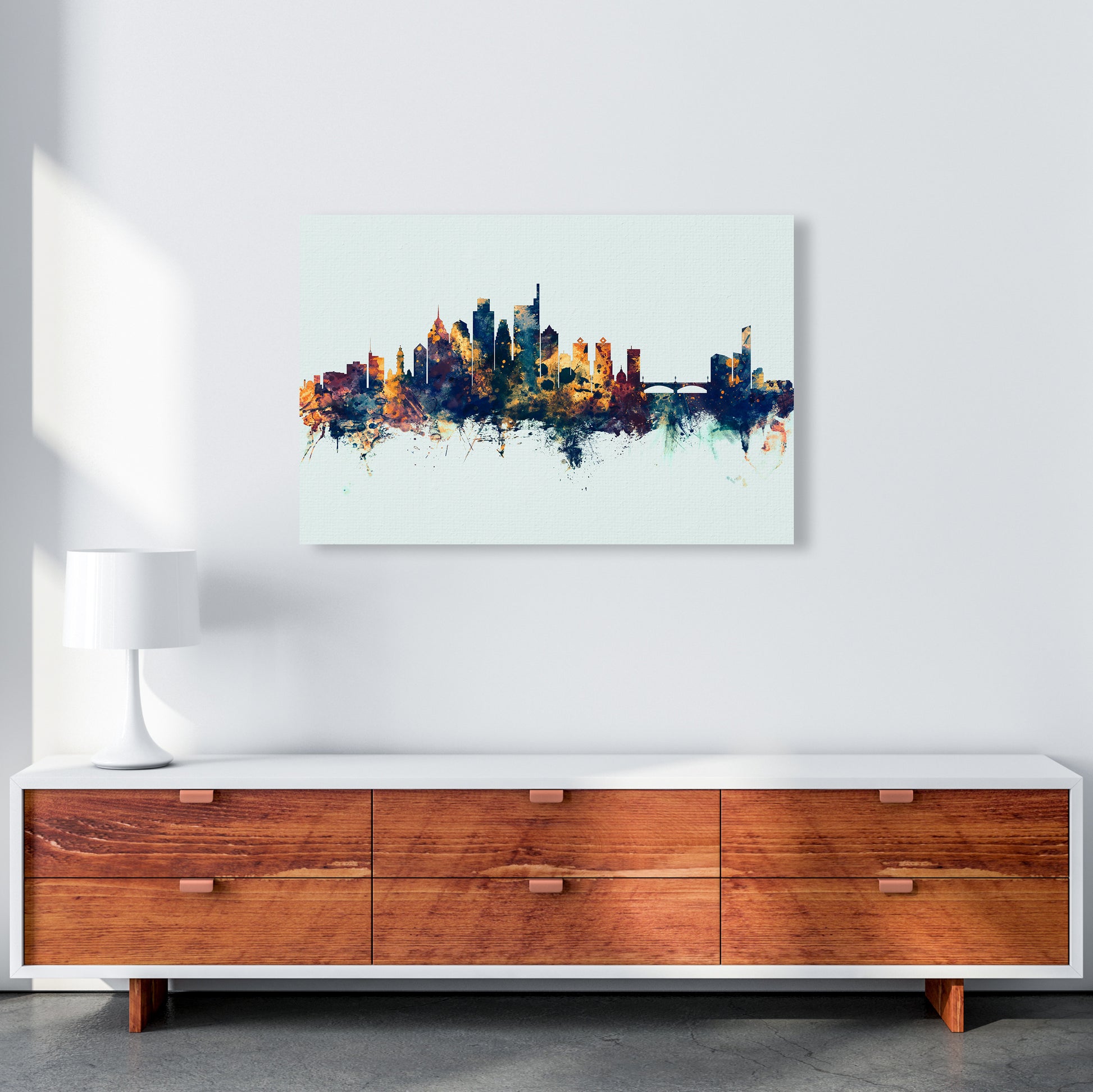 Philadelphia Pennsylvania Skyline Blue Orange Art Print by Michael Tompsett A1 Canvas