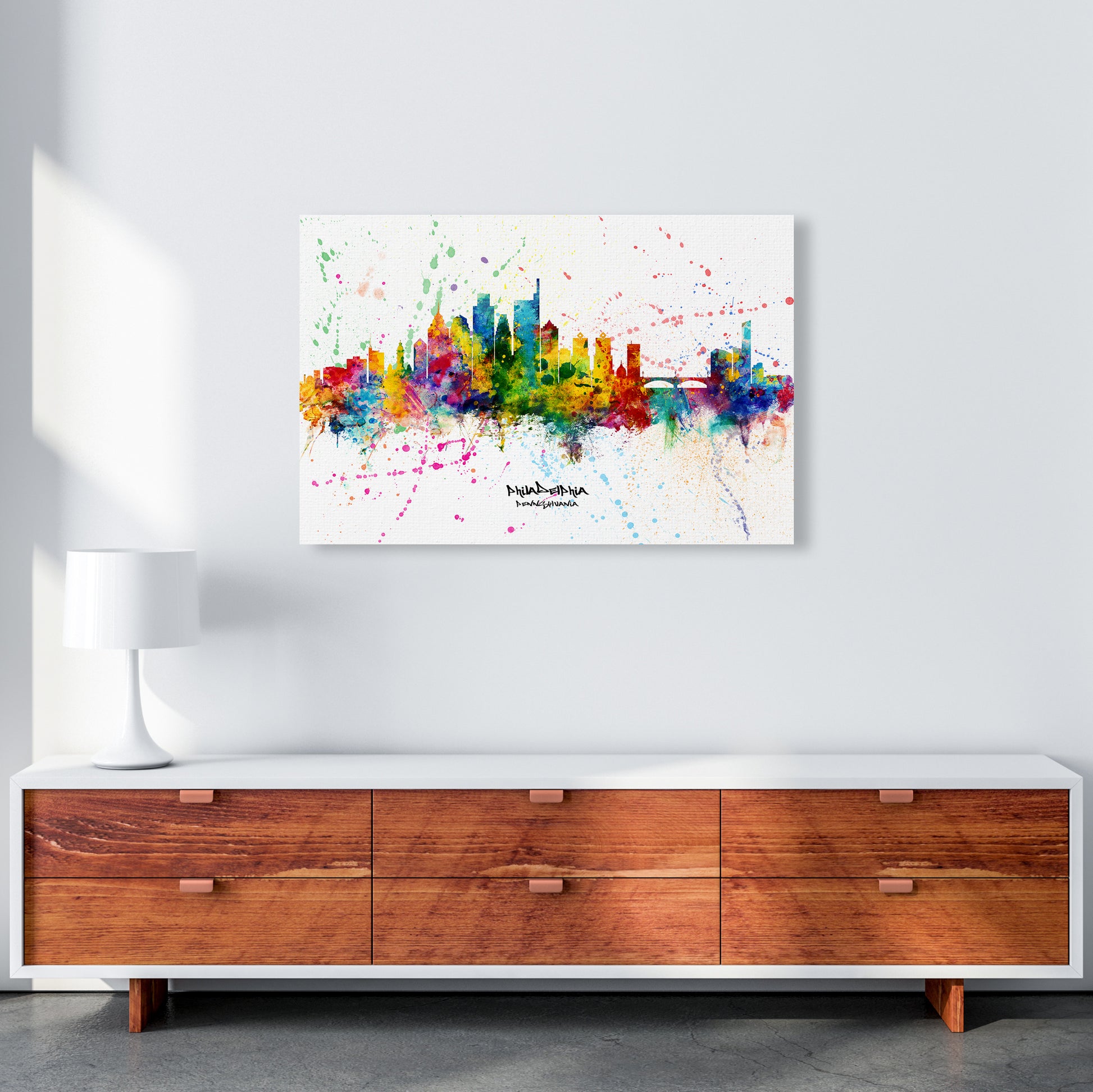 Philadelphia Pennsylvania Skyline Splash Art Print by Michael Tompsett A1 Canvas