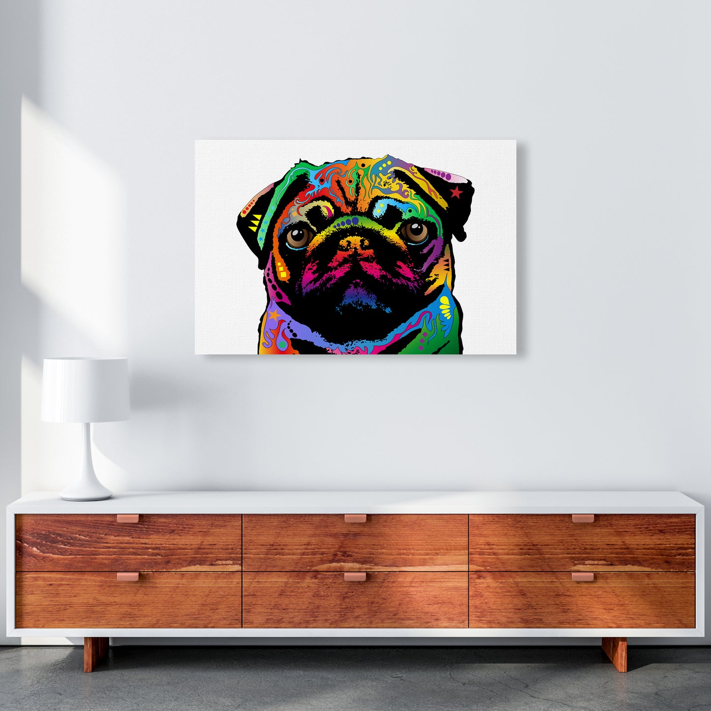 Pug Dog White Art Print by Michael Tompsett A1 Canvas