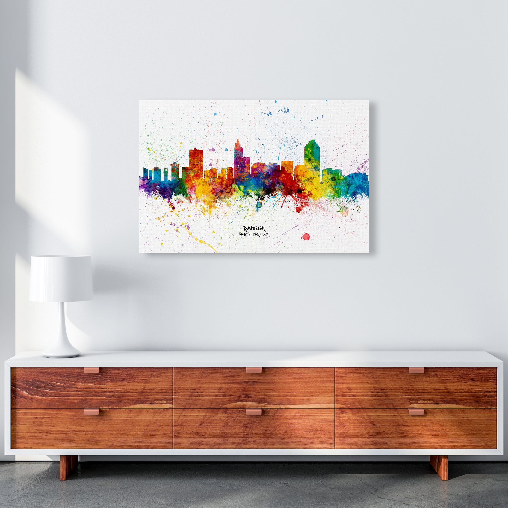 Raleigh North Carolina Skyline Splash Art Print by Michael Tompsett A1 Canvas