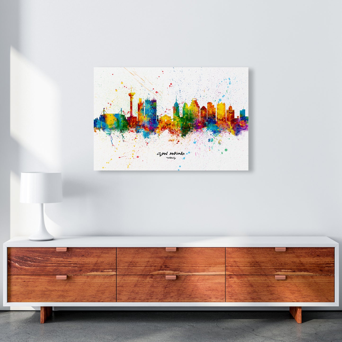 San Antonio Texas Skyline Splash Art Print by Michael Tompsett A1 Canvas