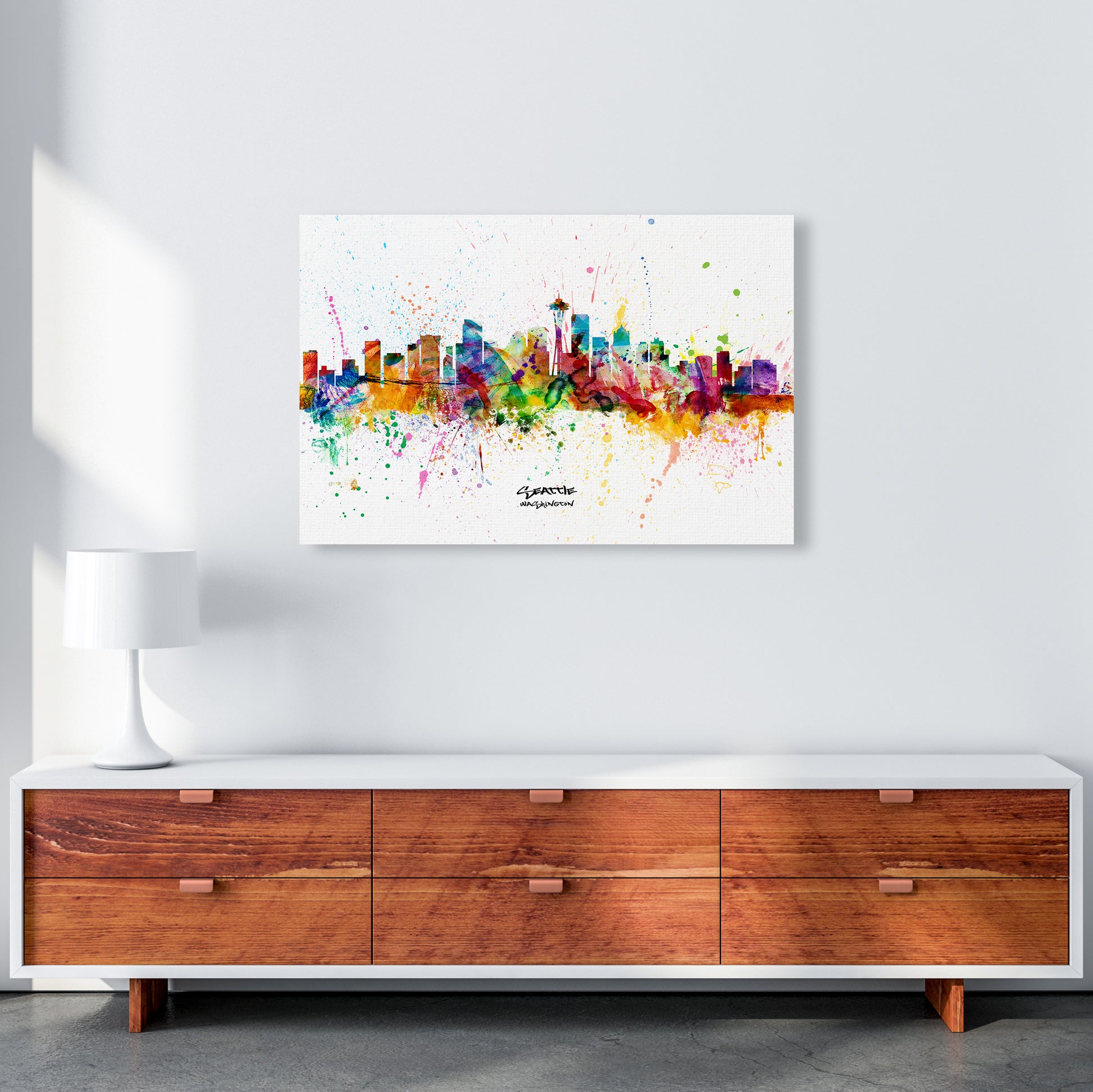 Seattle Washington Skyline Splash Art Print by Michael Tompsett A1 Canvas