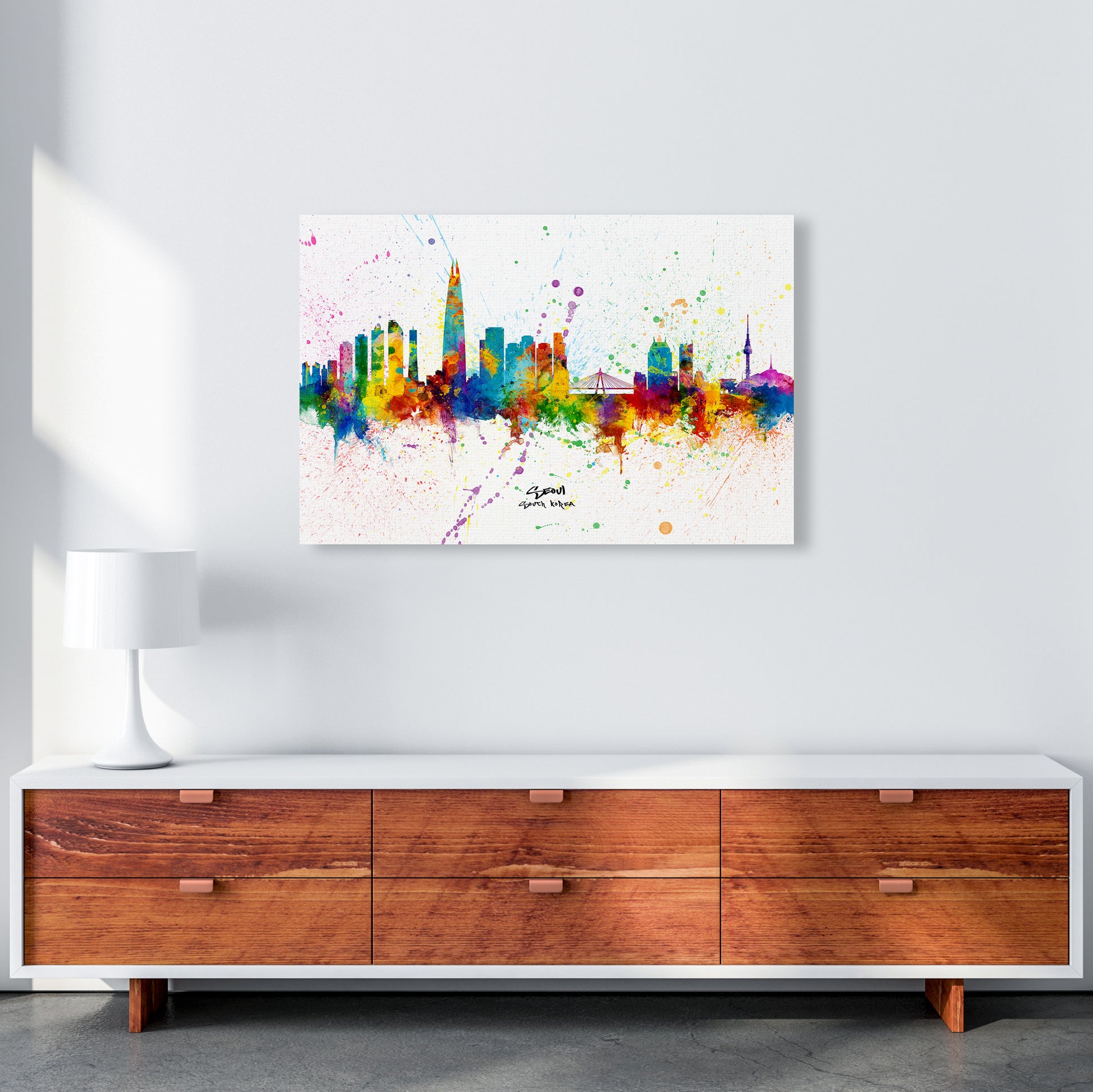 Seoul South Korea Skyline Splash Art Print by Michael Tompsett A1 Canvas