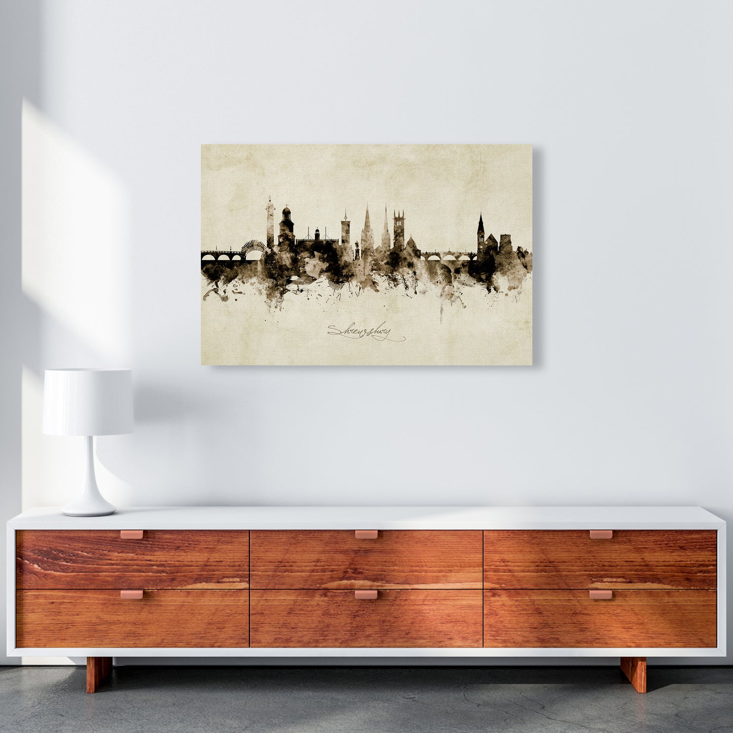 Shrewsbury England Skyline Vintage Art Print by Michael Tompsett A1 Canvas