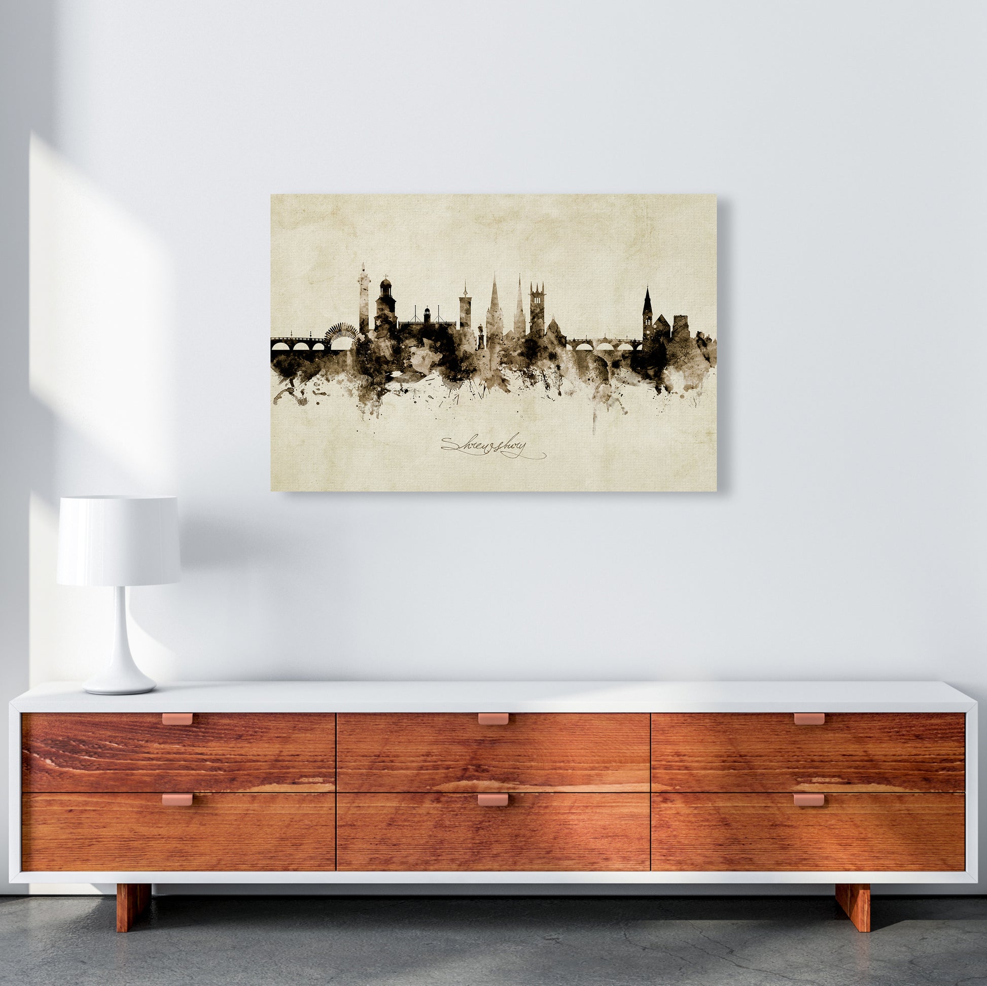 Shrewsbury England Skyline Vintage Art Print by Michael Tompsett A1 Canvas