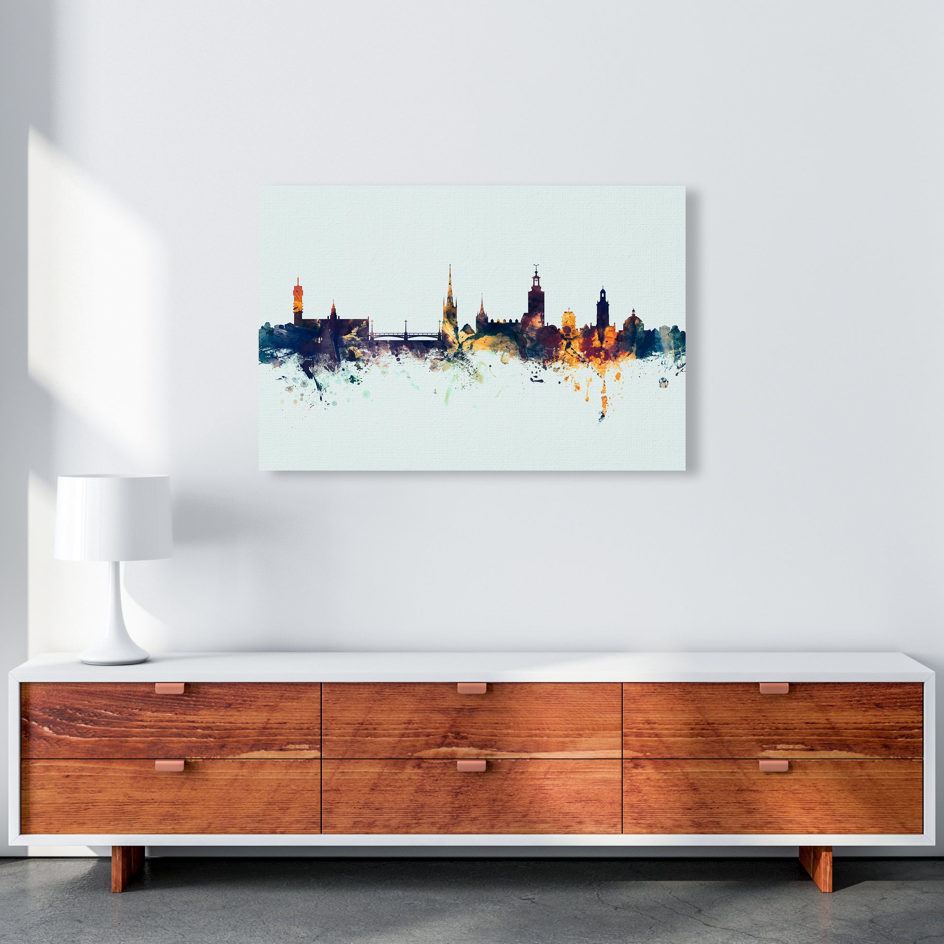 Stockholm Sweden Skyline Blue Orange Art Print by Michael Tompsett A1 Canvas