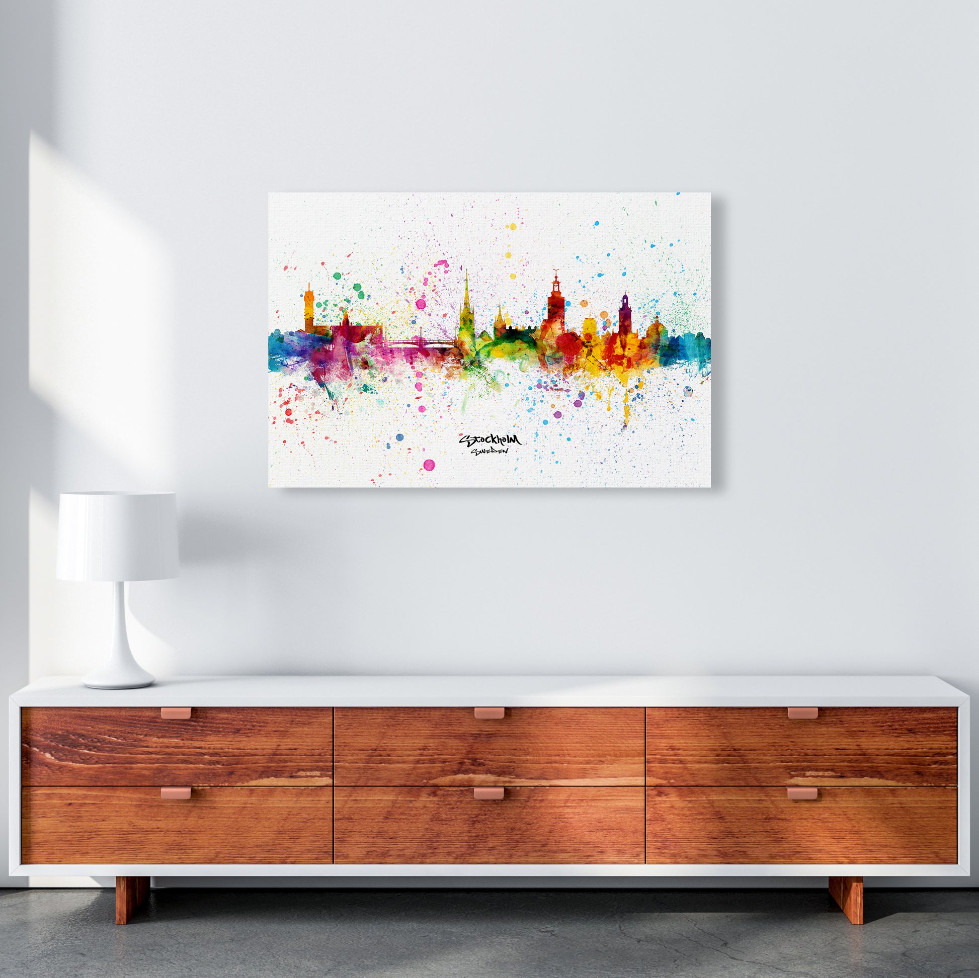 Stockholm Sweden Skyline Splash Art Print by Michael Tompsett A1 Canvas