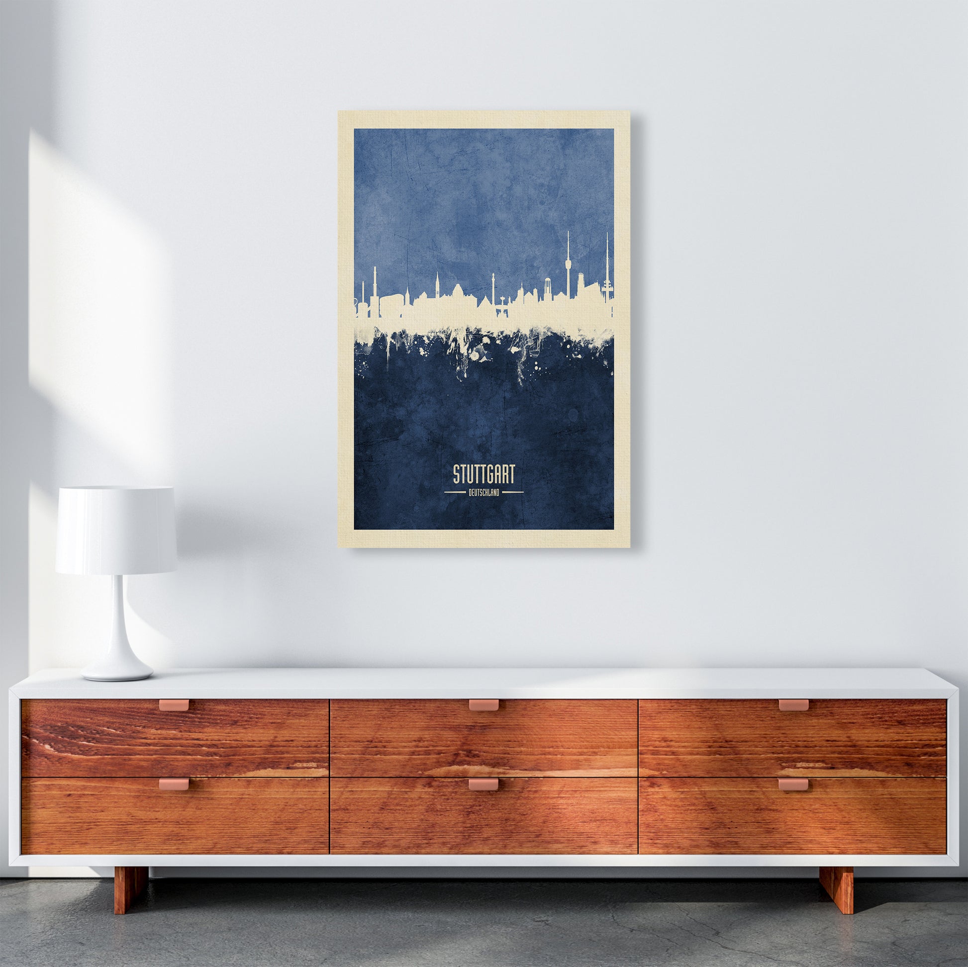 Stuttgart Germany Skyline Portrait Navy Art Print by Michael Tompsett A1 Canvas