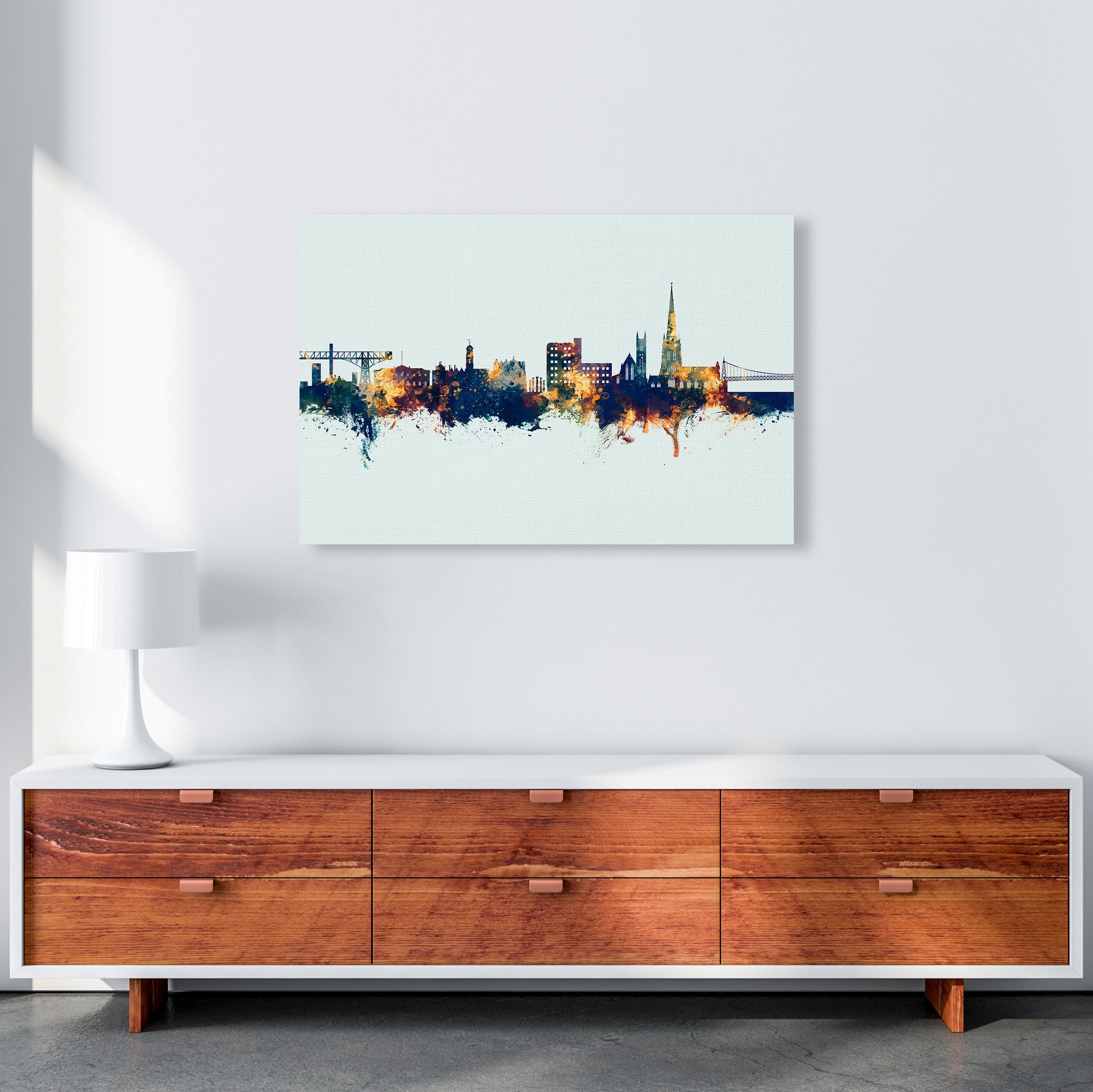 Warrington England Skyline Blue Orange Art Print by Michael Tompsett A1 Canvas