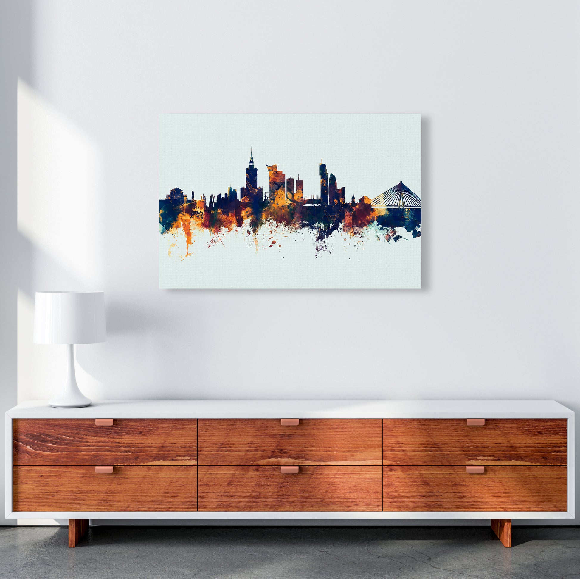Warsaw Poland Skyline Blue Orange Art Print by Michael Tompsett A1 Canvas