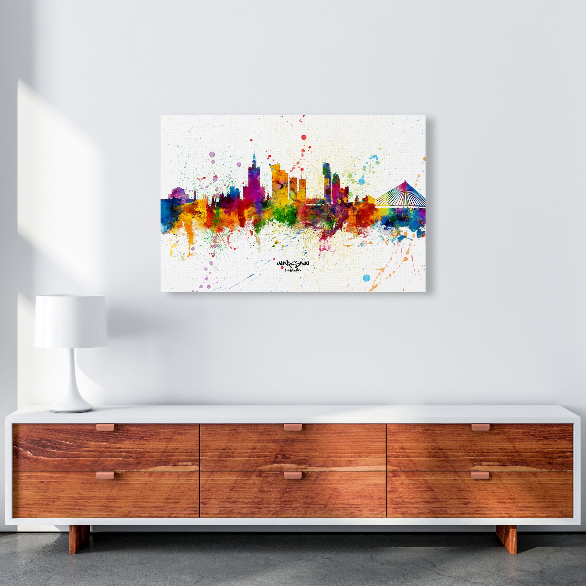 Warsaw Poland Skyline Splash Art Print by Michael Tompsett A1 Canvas