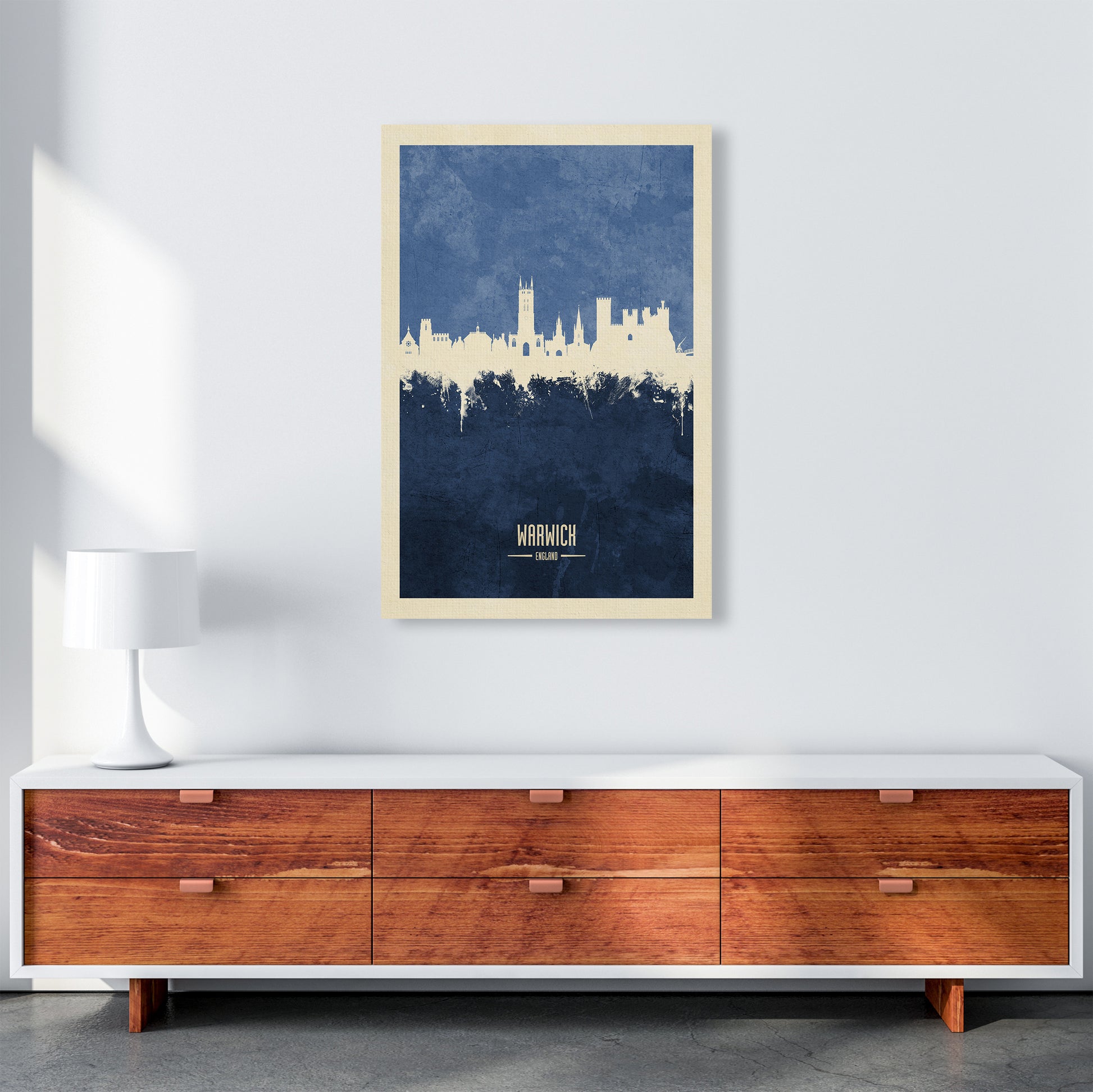 Warwick England Skyline Portrait Navy Art Print by Michael Tompsett A1 Canvas