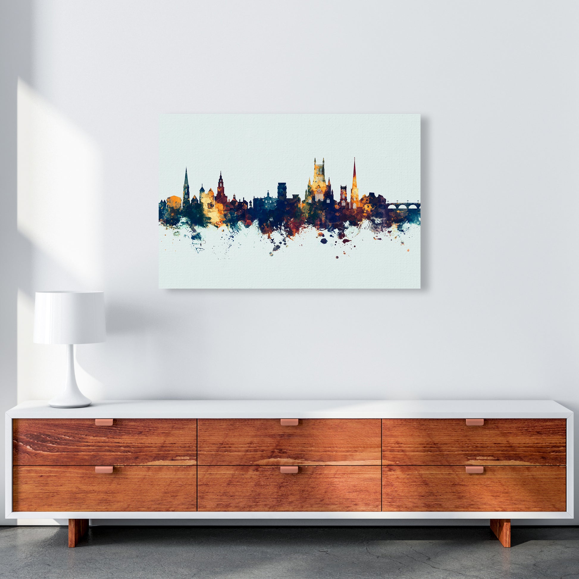 Worcester England Skyline Blue Orange Art Print by Michael Tompsett A1 Canvas