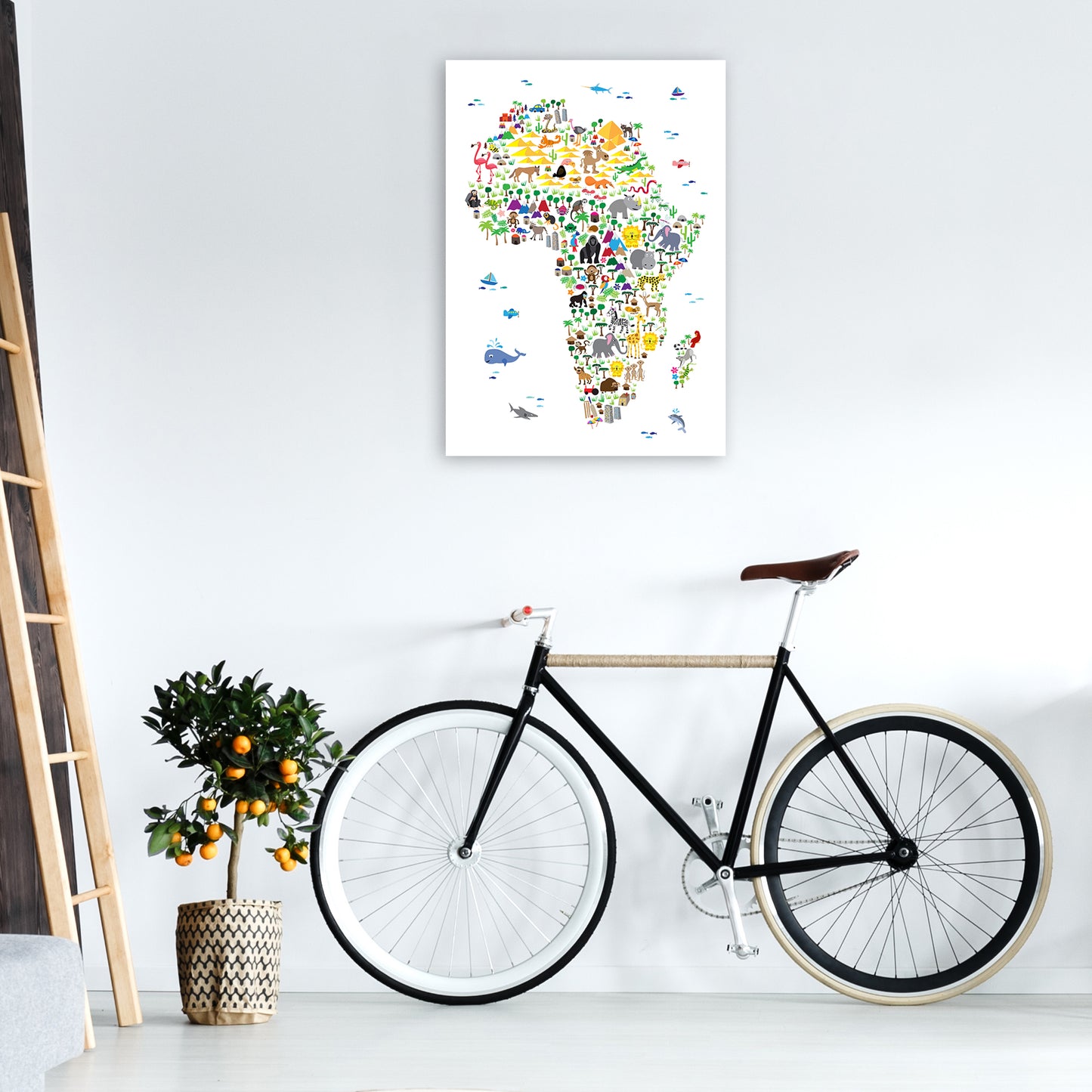Animal Map of Africa Nursery Art Print by Michael Tompsett A1 Black Frame