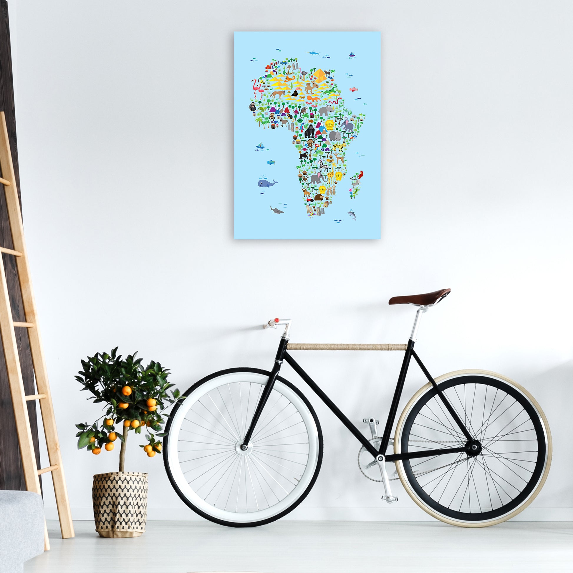 Animal Map of Africa Blue Nursery Print by Michael Tompsett A1 Black Frame