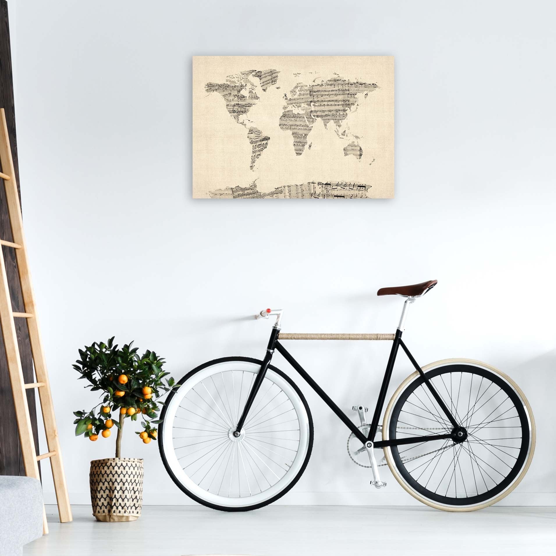Sheet Music Map of the World Art Print by Michael Tompsett A1 Black Frame