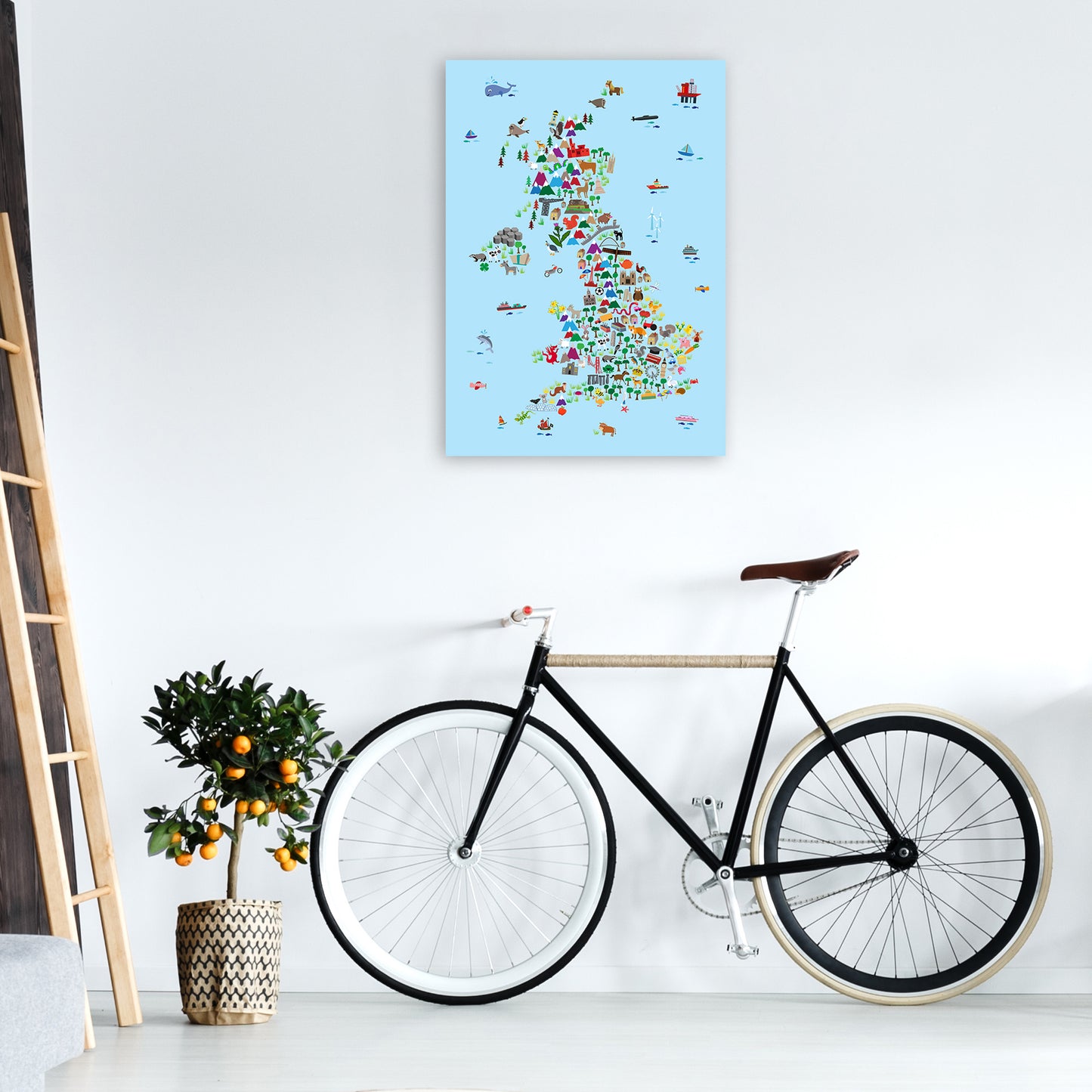 Animal Map of Great Britain Blue Print by Michael Tompsett A1 Black Frame