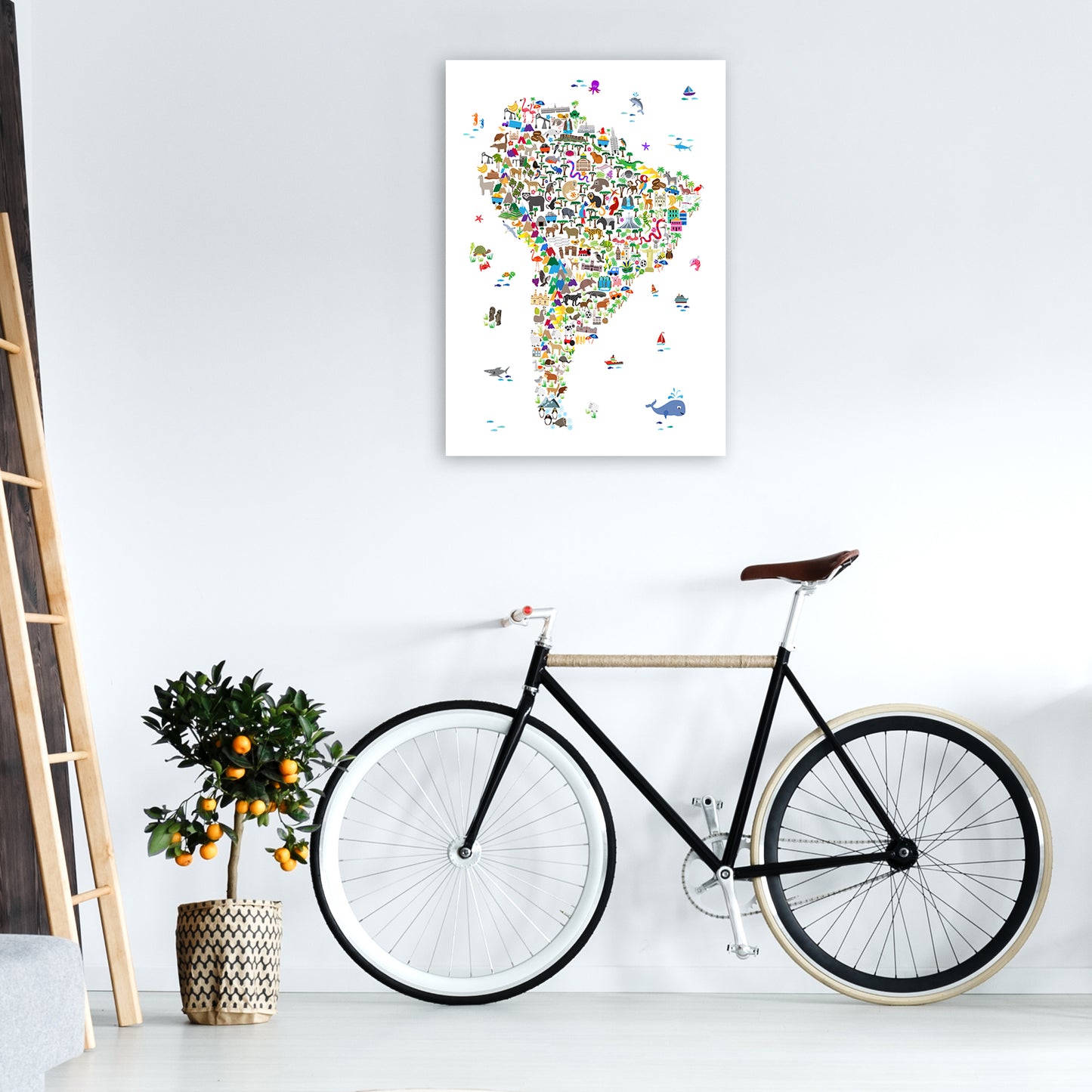 Animal Map of South America Nursery Print by Michael Tompsett A1 Black Frame