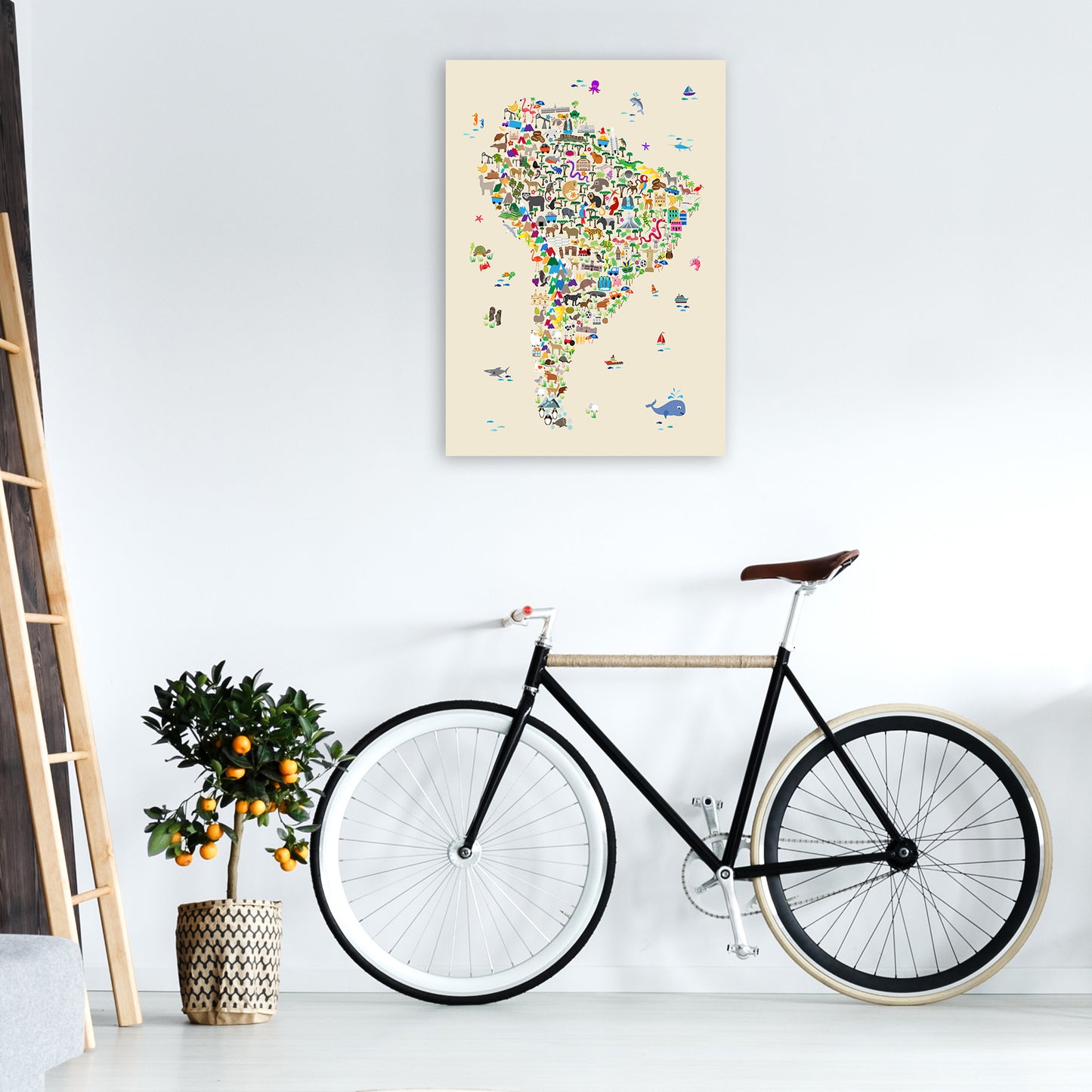 Animal Map of South America Beige Print by Michael Tompsett A1 Black Frame