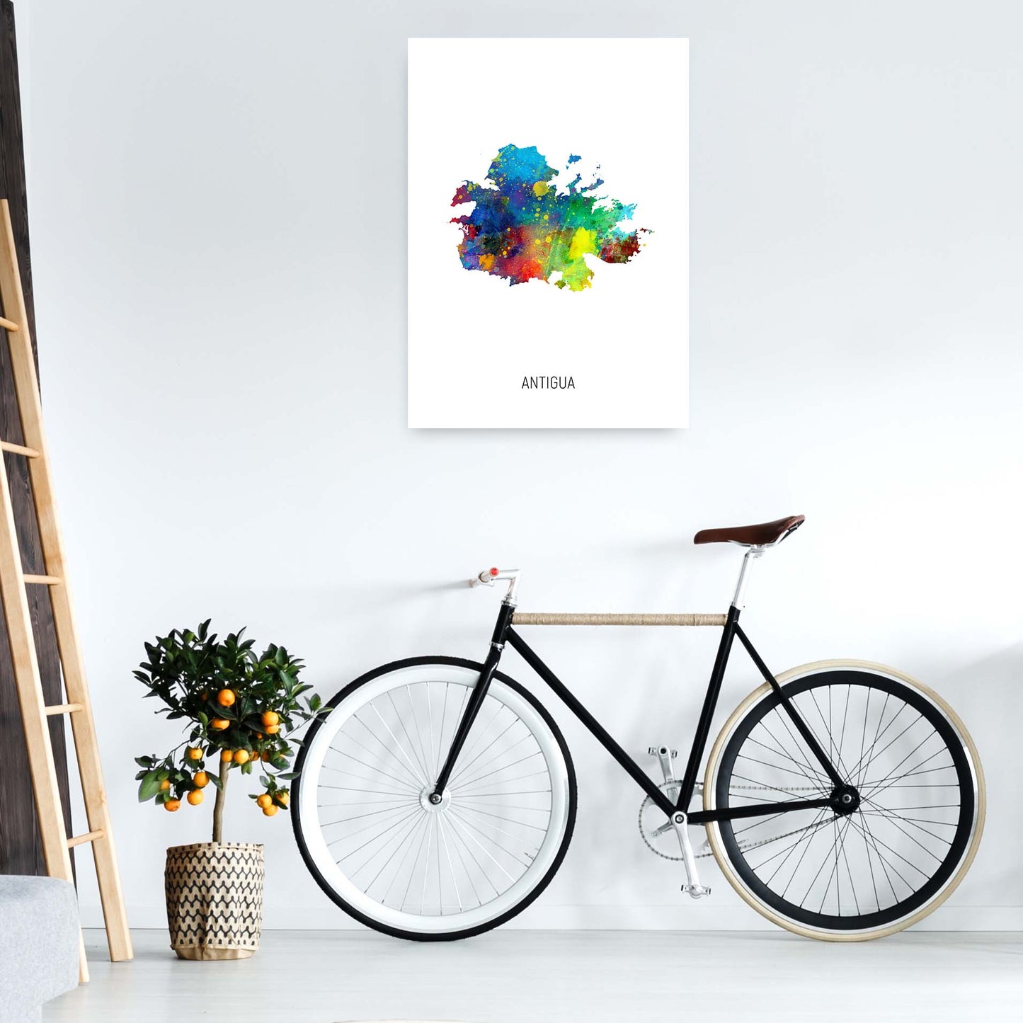 Antigua Watercolour Map Art Print by Michael Tompsett A1 Black Frame