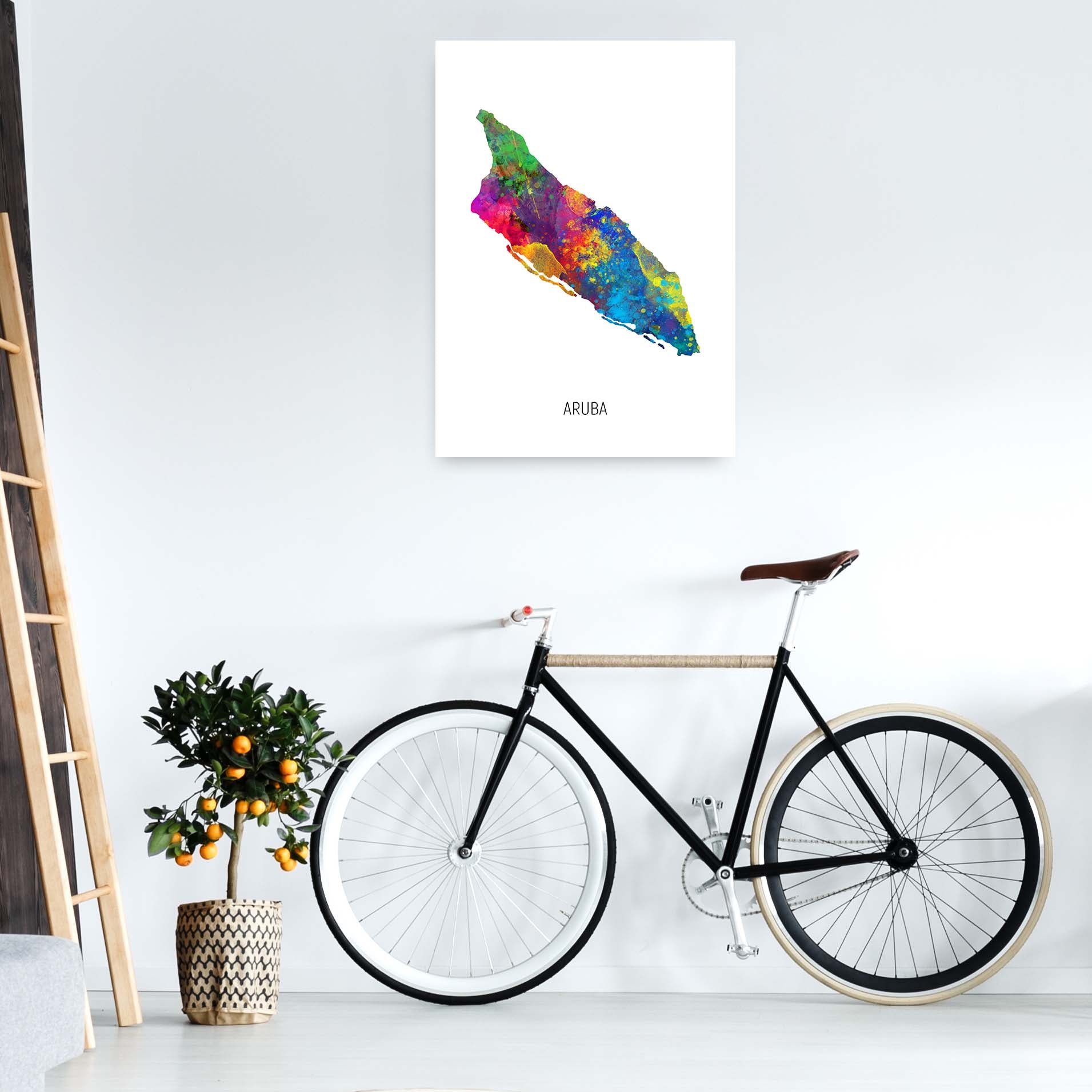 Aruba Watercolour Map Art Print by Michael Tompsett A1 Black Frame