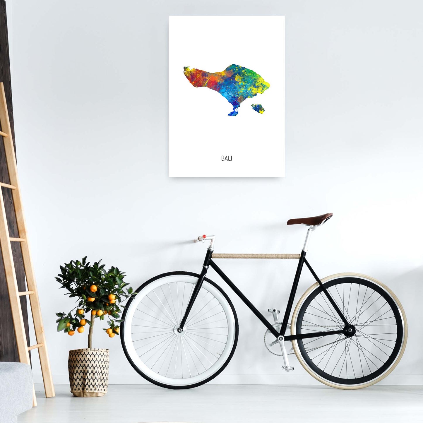 Bali Watercolour Map Art Print by Michael Tompsett A1 Black Frame