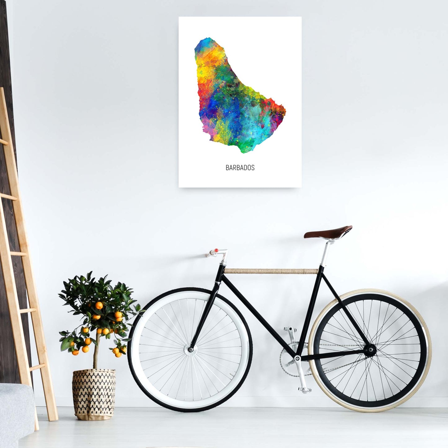 Barbados Watercolour Map Art Print by Michael Tompsett A1 Black Frame