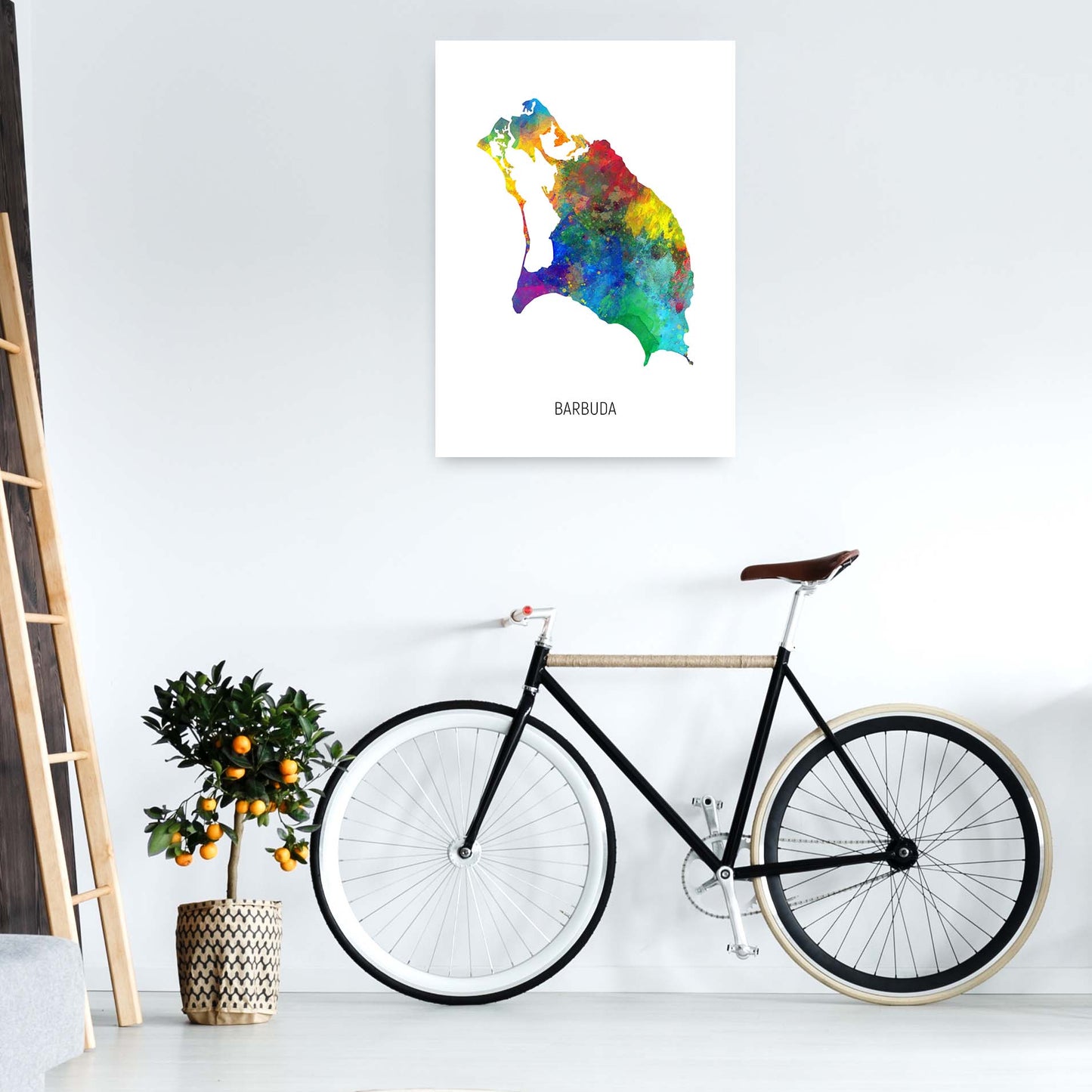 Barbuda Watercolour Map Art Print by Michael Tompsett A1 Black Frame