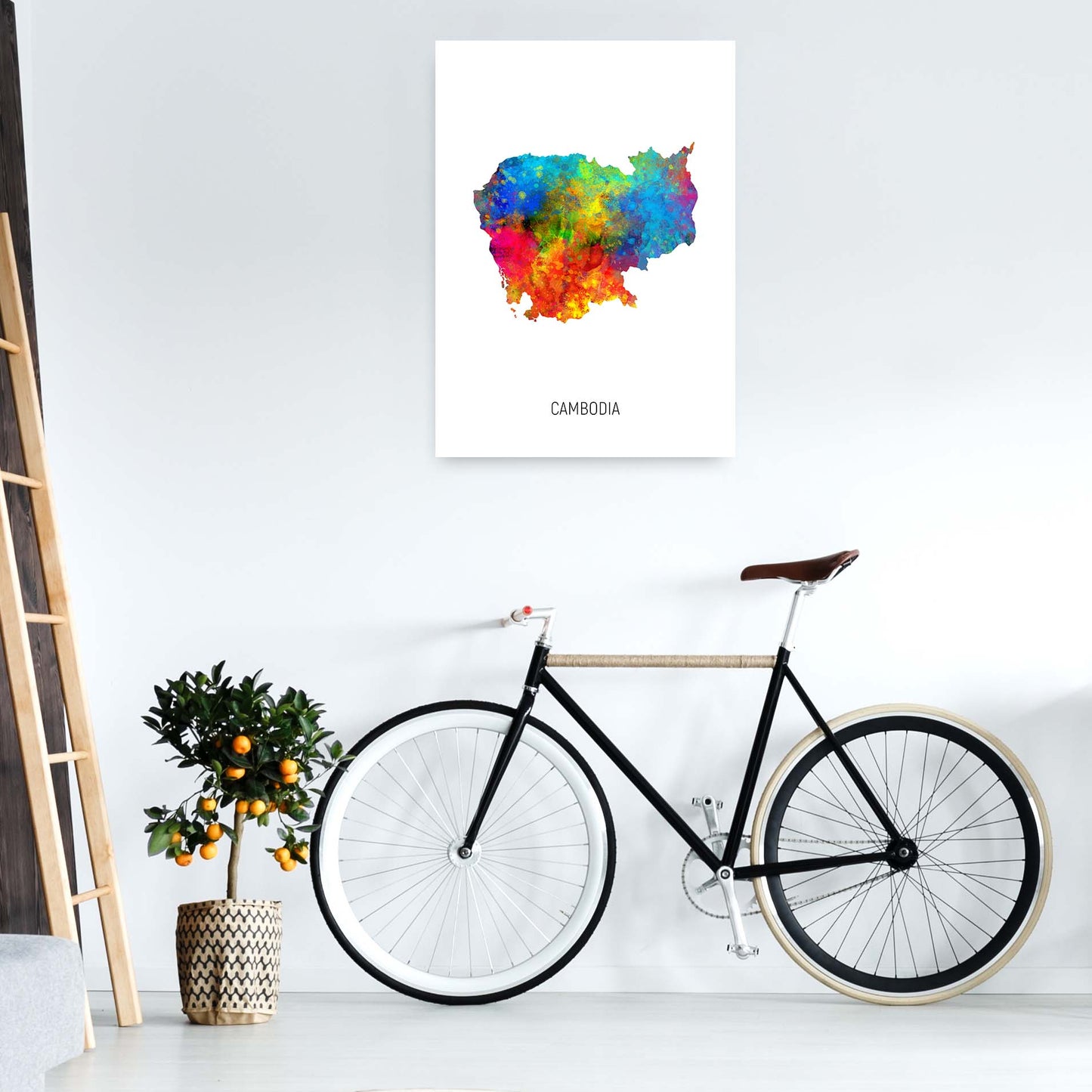 Cambodia Watercolour Map Art Print by Michael Tompsett A1 Black Frame