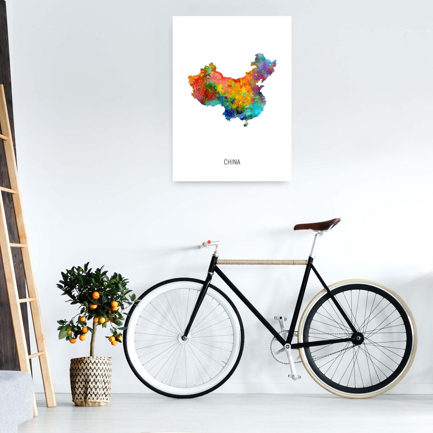 China Watercolour Map Art Print by Michael Tompsett A1 Black Frame