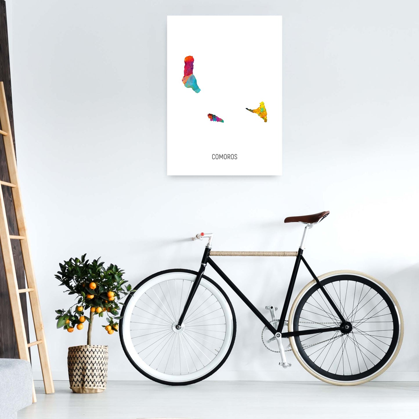 Comoros Watercolour Map Art Print by Michael Tompsett A1 Black Frame