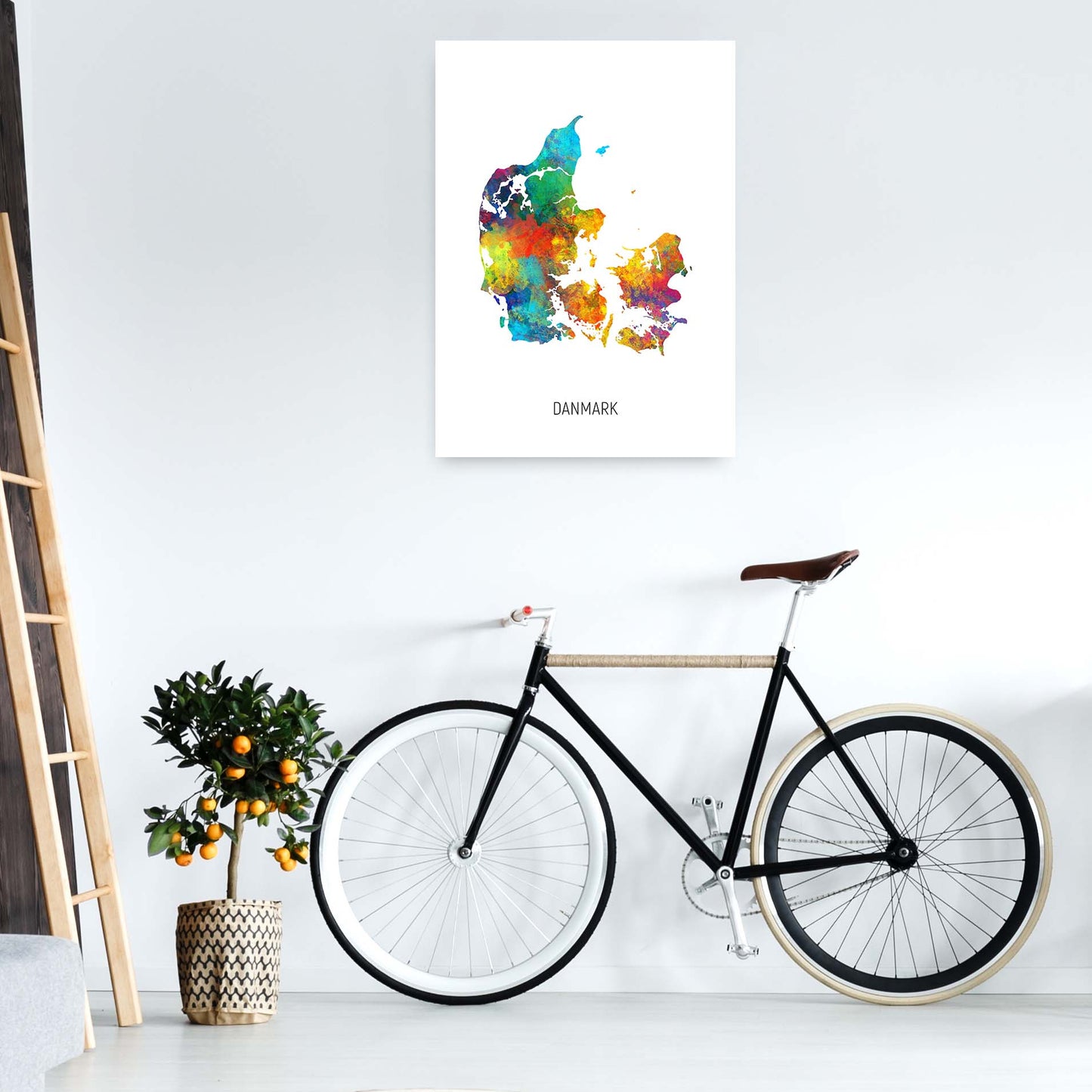 Danmark Watercolour Map Art Print by Michael Tompsett A1 Black Frame