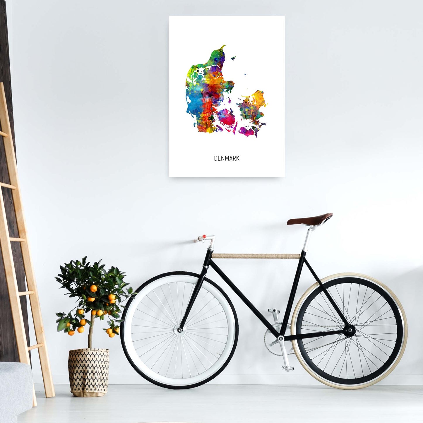 Denmark Watercolour Map Art Print by Michael Tompsett A1 Black Frame