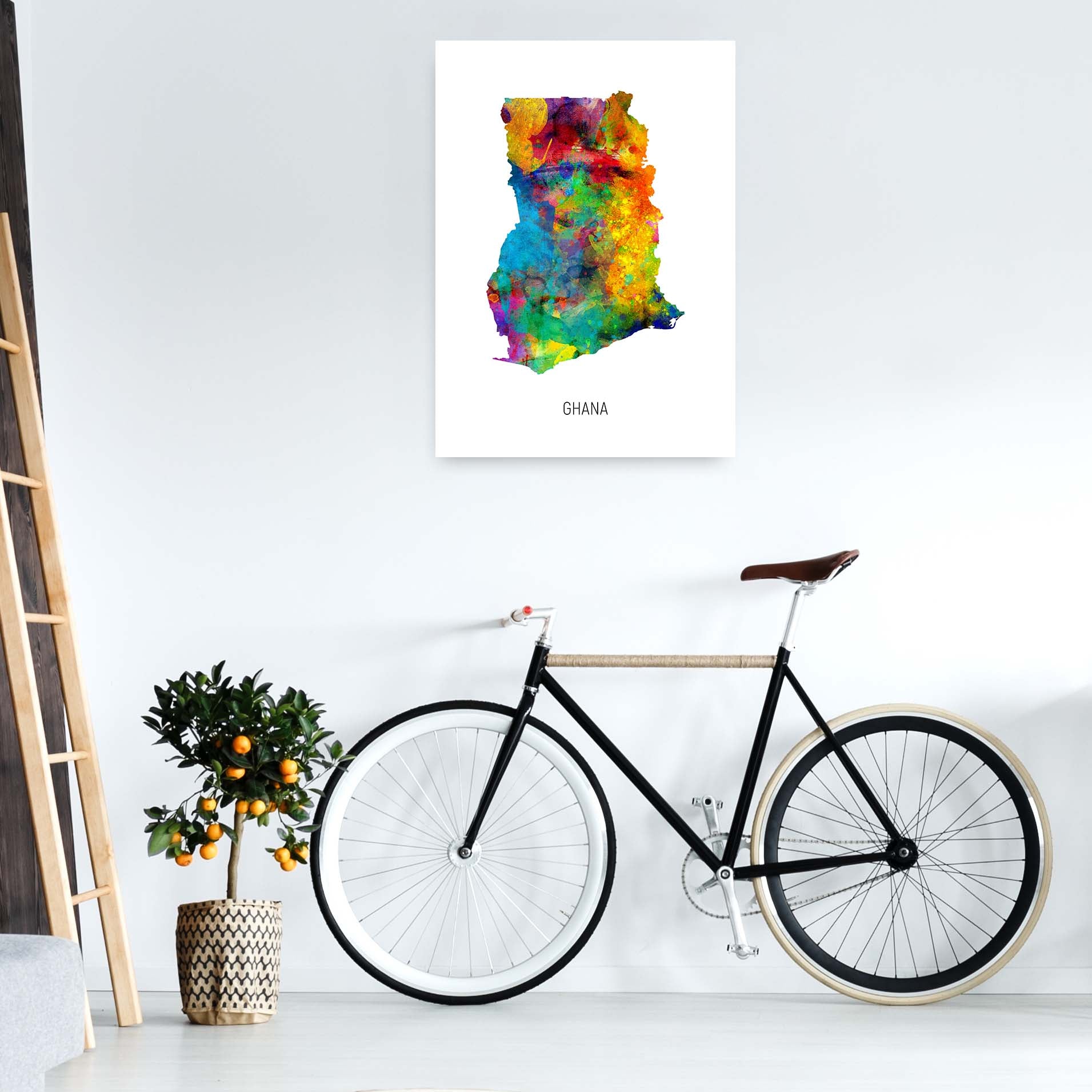 Ghana Watercolour Map Art Print by Michael Tompsett A1 Black Frame