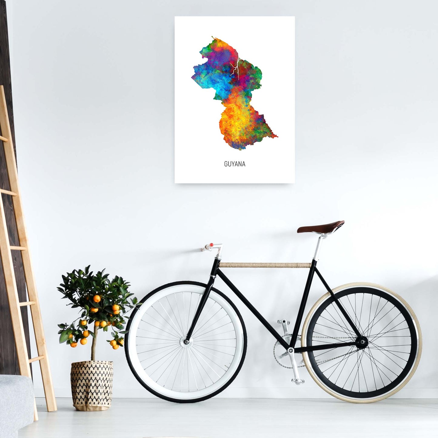 Guyana Watercolour Map Art Print by Michael Tompsett A1 Black Frame